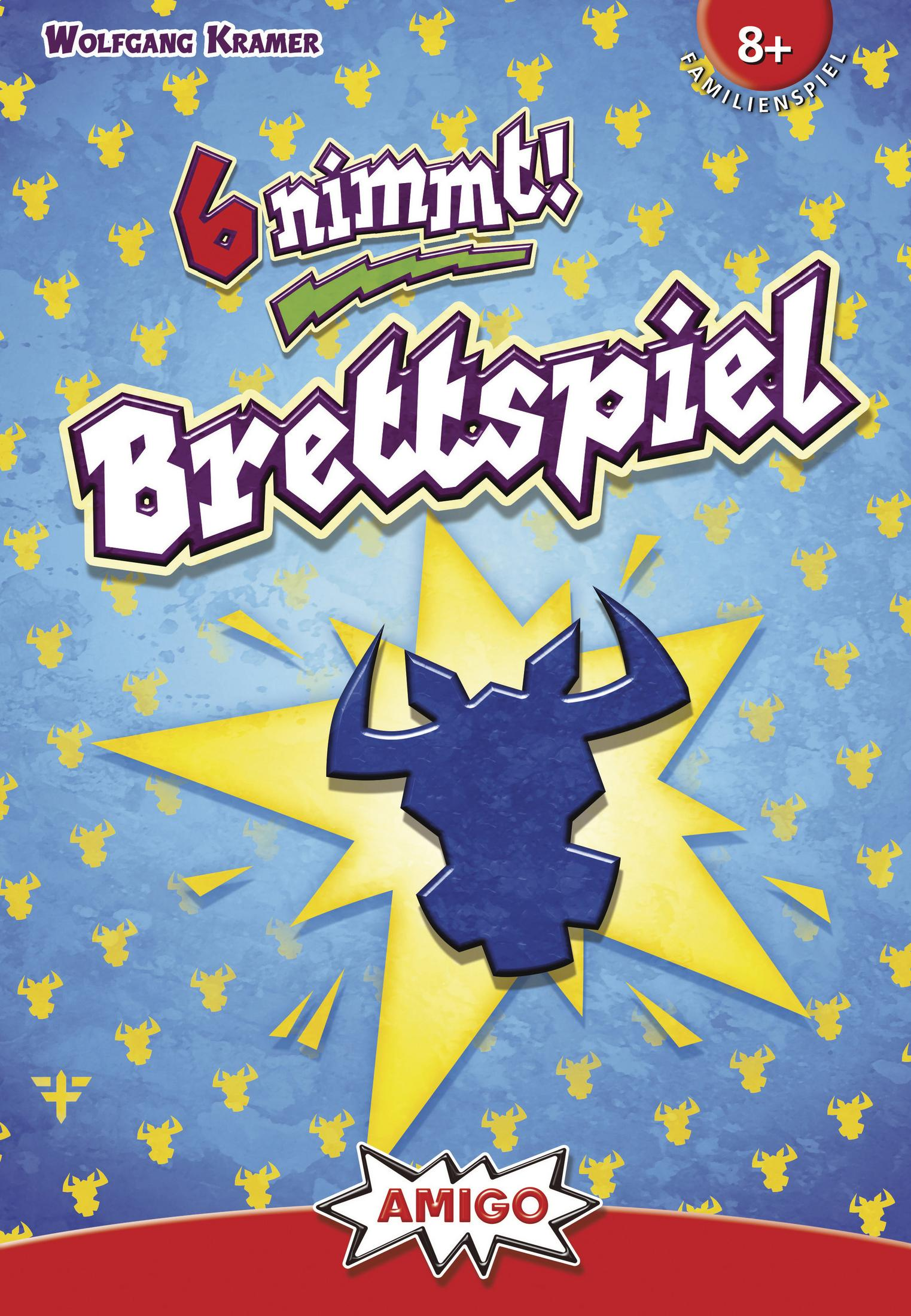 Brettspielbox mit Text: 6 nimmt! Brettspiel. Hintergrund: blau.