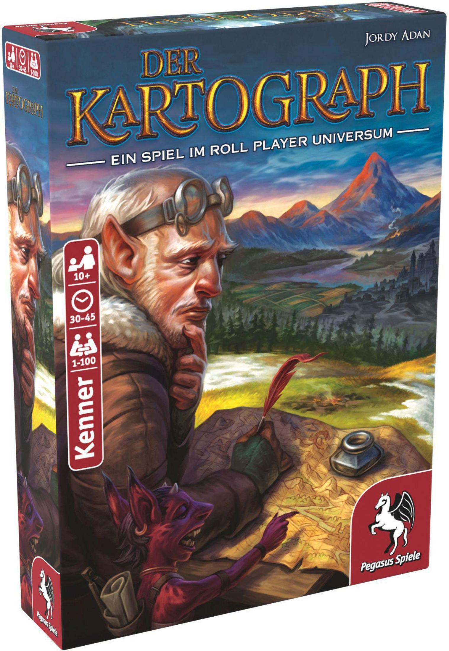 Der Kartograph Brettspielbox mit einem Kartographen, einem roten Kobold und einer Berglandschaft.