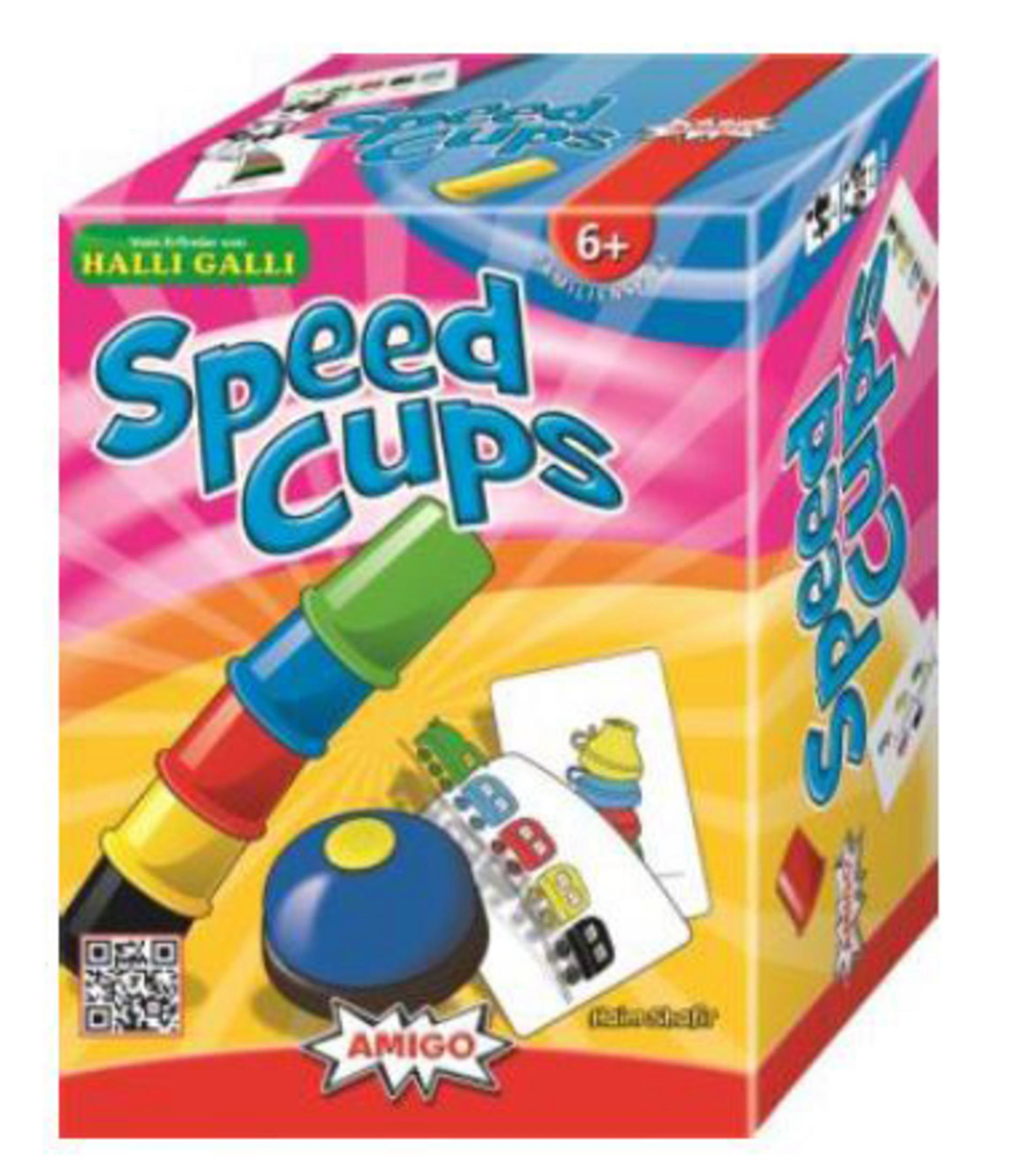 Speed Cups Spielbox. Eine blaue Tasse steht im Mittelpunkt. Die Box ist bunt mit Tassenbildern.