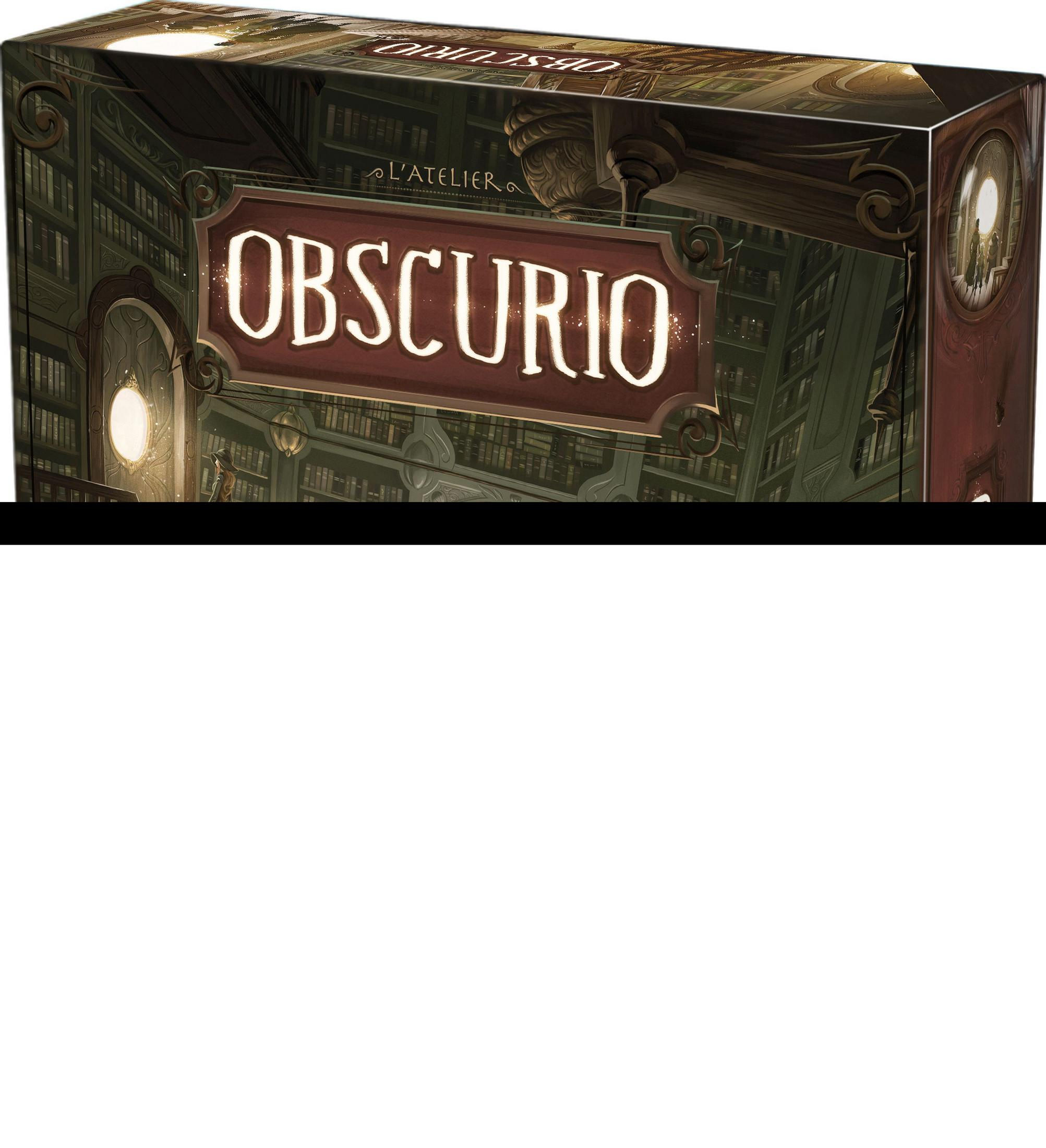Schachtel für Obscurio, ein Brettspiel. Die Schachtel ist braun, mit einer Abbildung eines Bibliotheksinneren und dem Spieletitel.