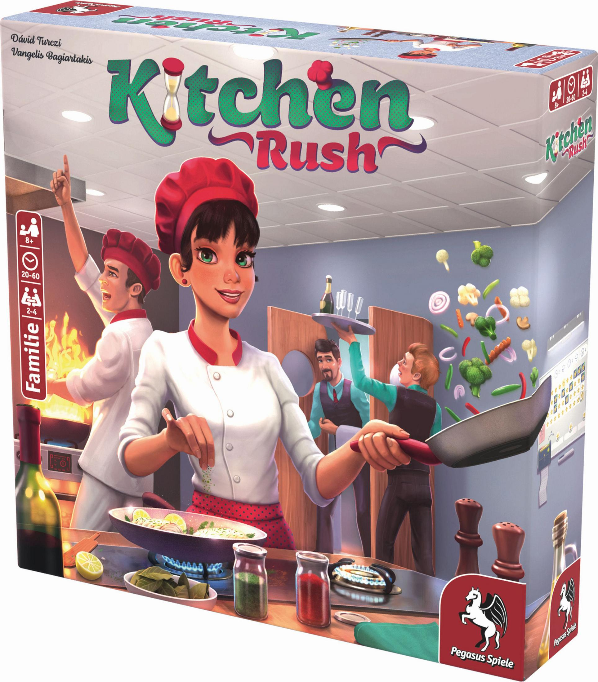 Kitchen Rush Brettspielbox. Köchin kocht, andere Köche helfen. Box ist bunt.