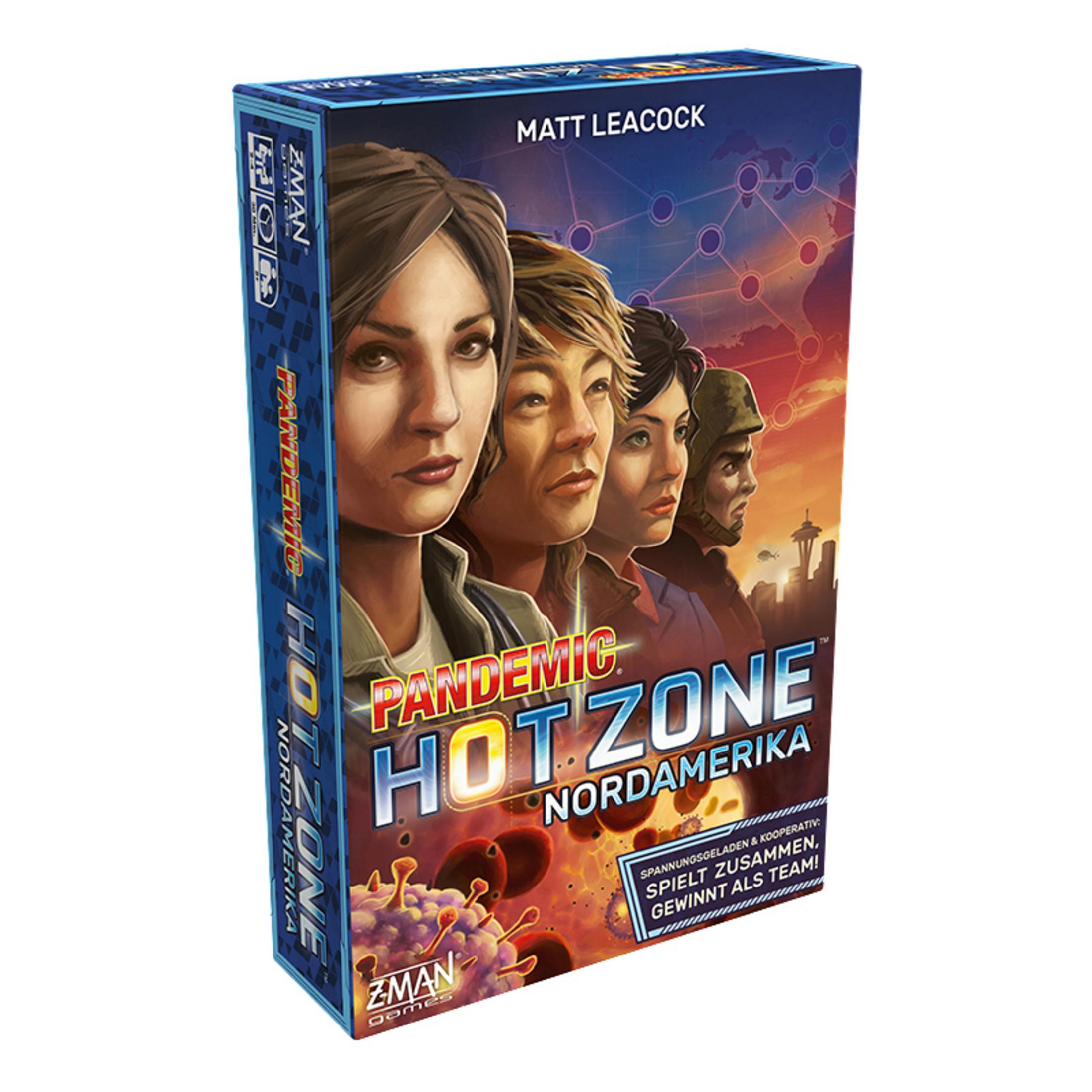 Schachtel des Brettspiels 'Pandemic: Hot Zone - Nordamerika'. Zeigt vier Gesichter und eine Kulisse von Seattle.