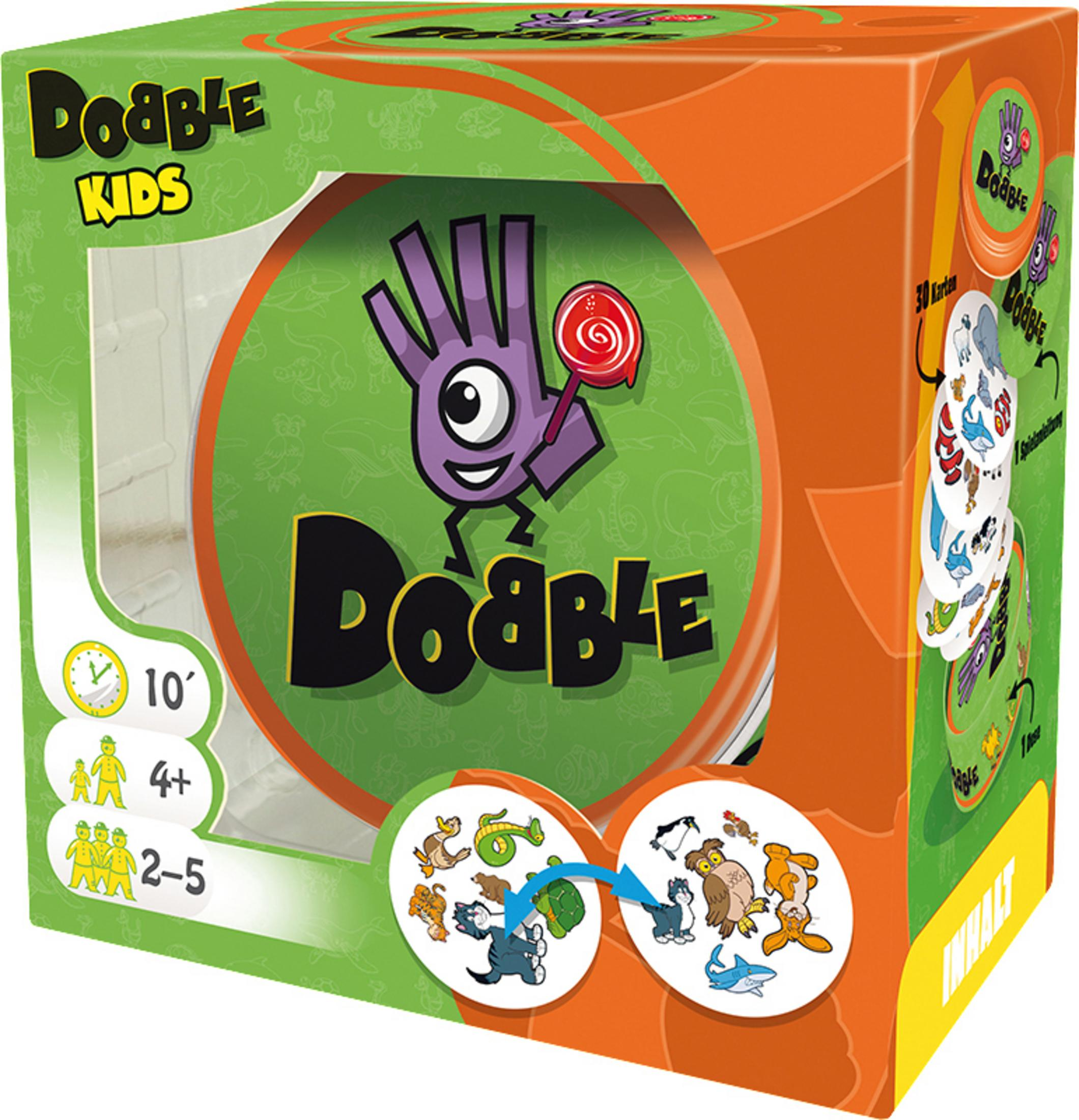 Eine Brettspielbox mit einem grünen Kreis, einer lila Hand und einem Lolli.