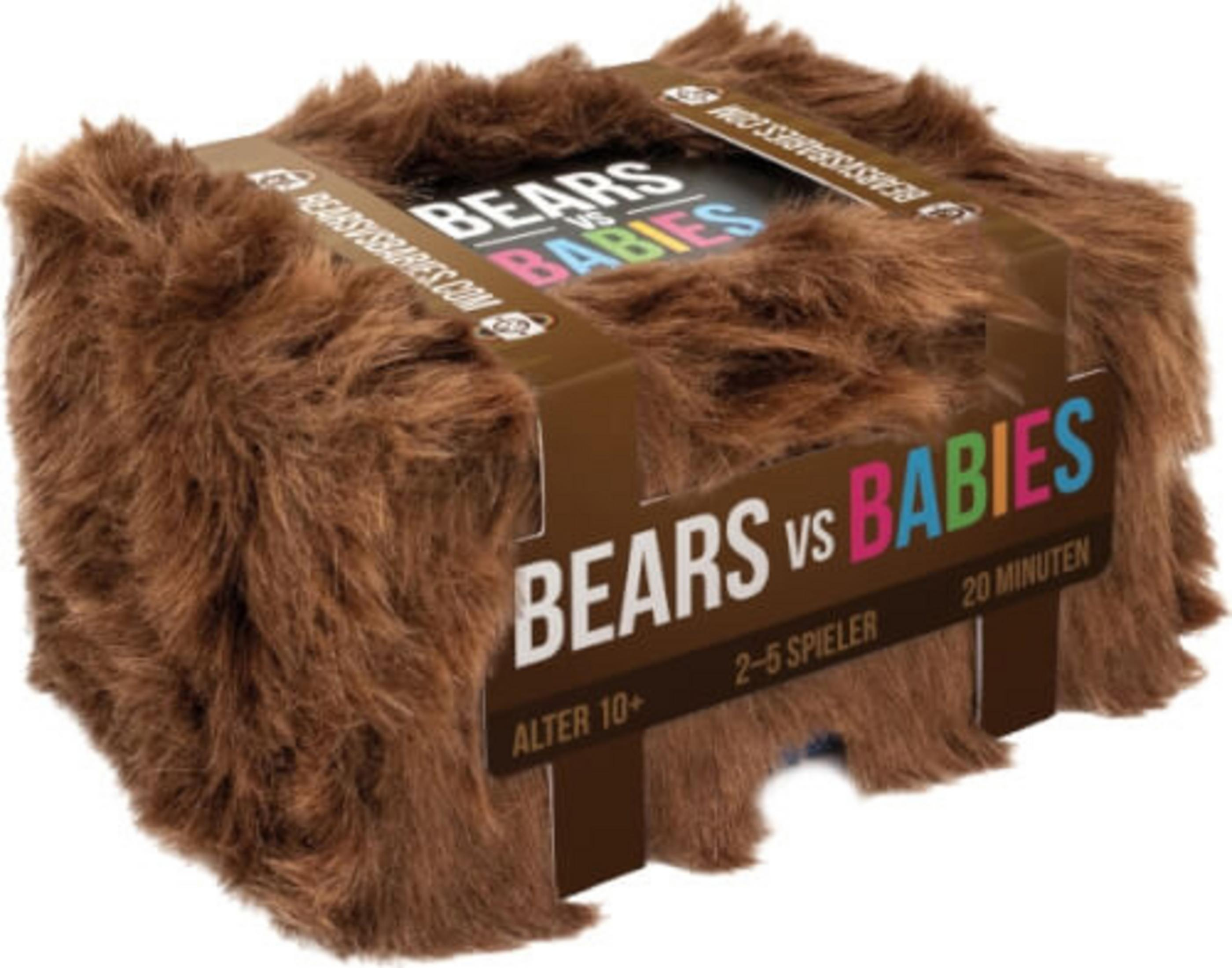 Brettspielbox, Bears vs Babies. Eine Box mit braunem Fellbezug und Spieletitel.