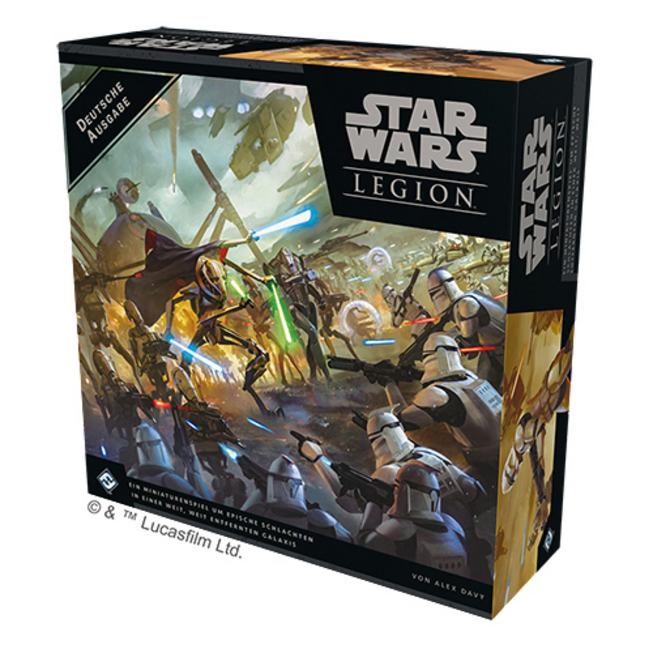 Eine Star Wars Legion Box mit einer Kampfszene mit Soldaten und Sci-Fi-Elementen.