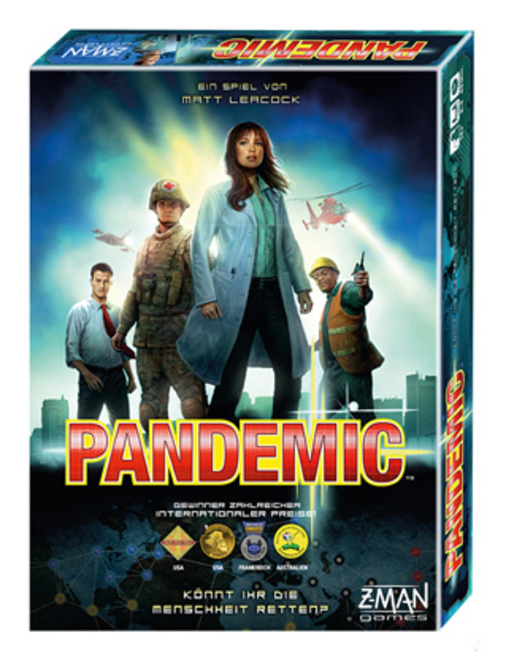 Das Brettspiel Pandemic, mit einer Box, die Menschen in einer Stadt zeigt.