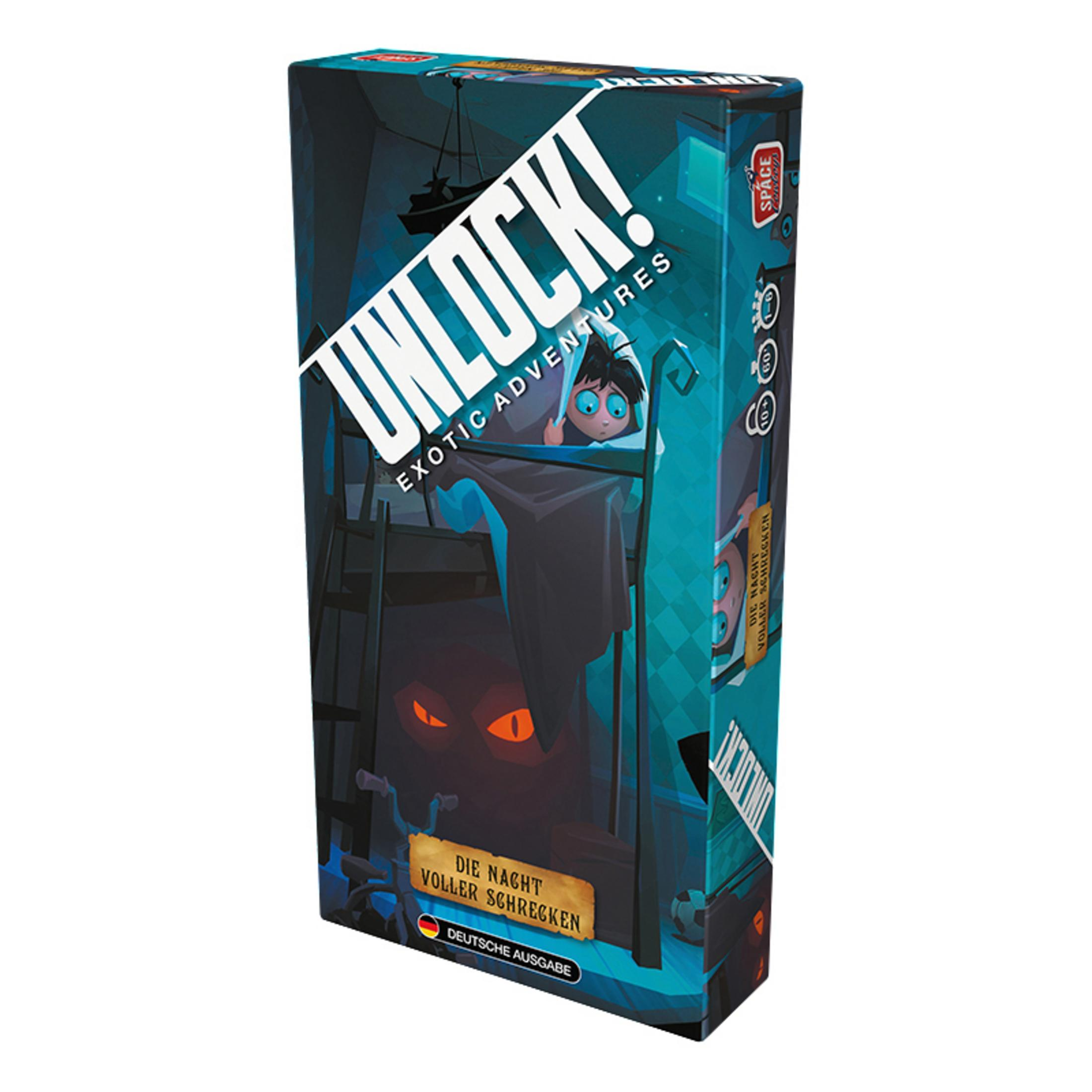 Unlock! Exotic Adventures Spielbox. Zeigt einen Cartoon-Jungen in einem Bett mit Monstern.