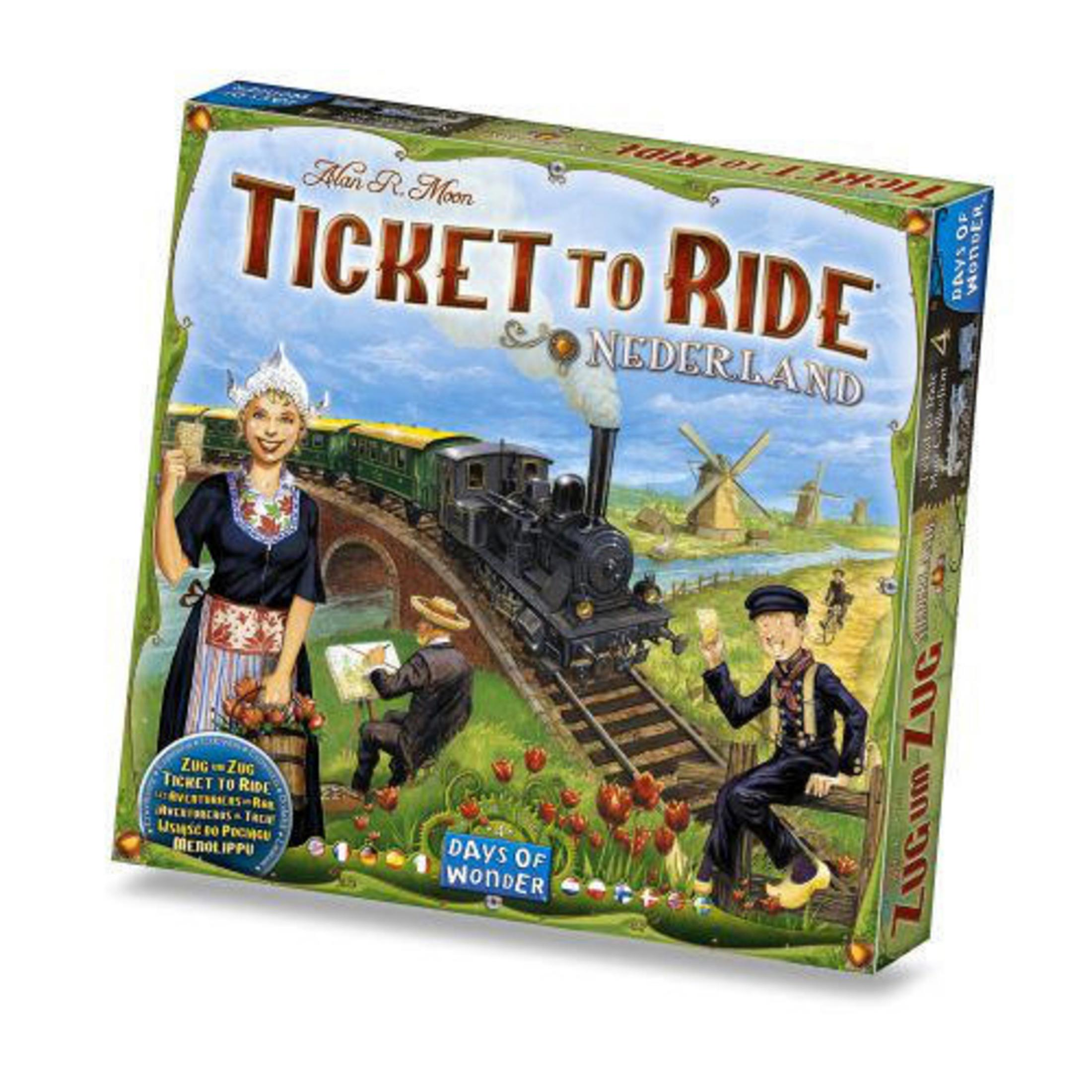 Ticket to Ride Brettspielbox. Eine Frau, ein Zug und Windmühlen sind auf dem Cover.