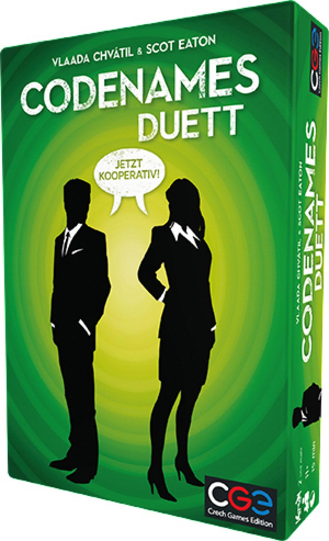 Pudełko gry Codenames Duett. Dwie sylwetki, dymek i zielone tło.