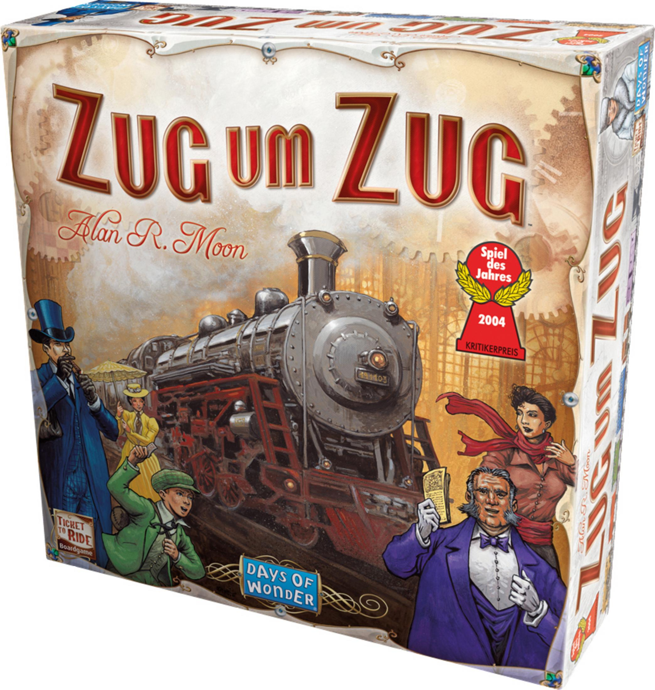 Ticket to Ride Spielbox, mit Zug und Personen im klassischen Kunststil.