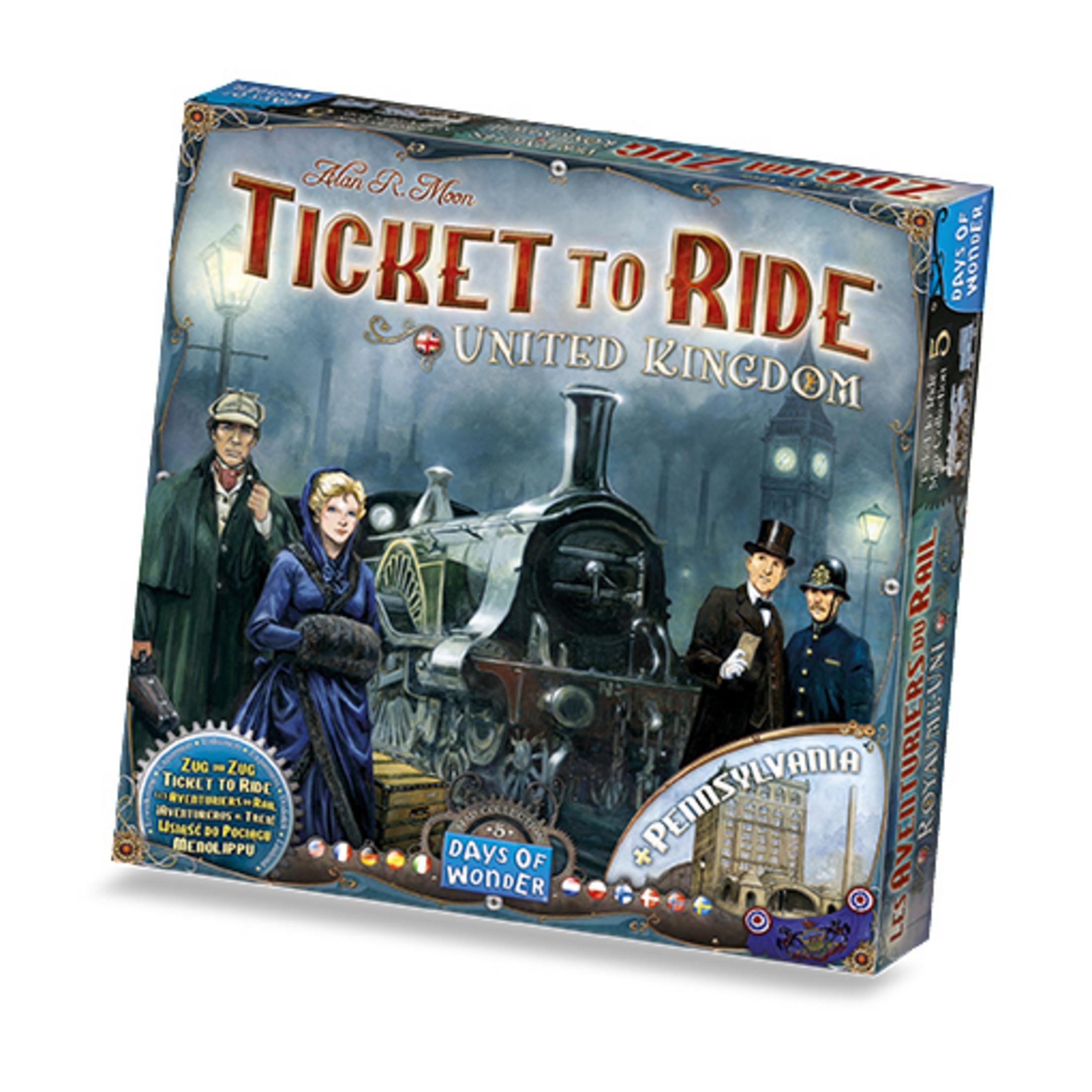 Ticket to Ride: United Kingdom Brettspiel-Box. Die Box zeigt einen Zug und verschiedene Figuren aus der Vergangenheit.