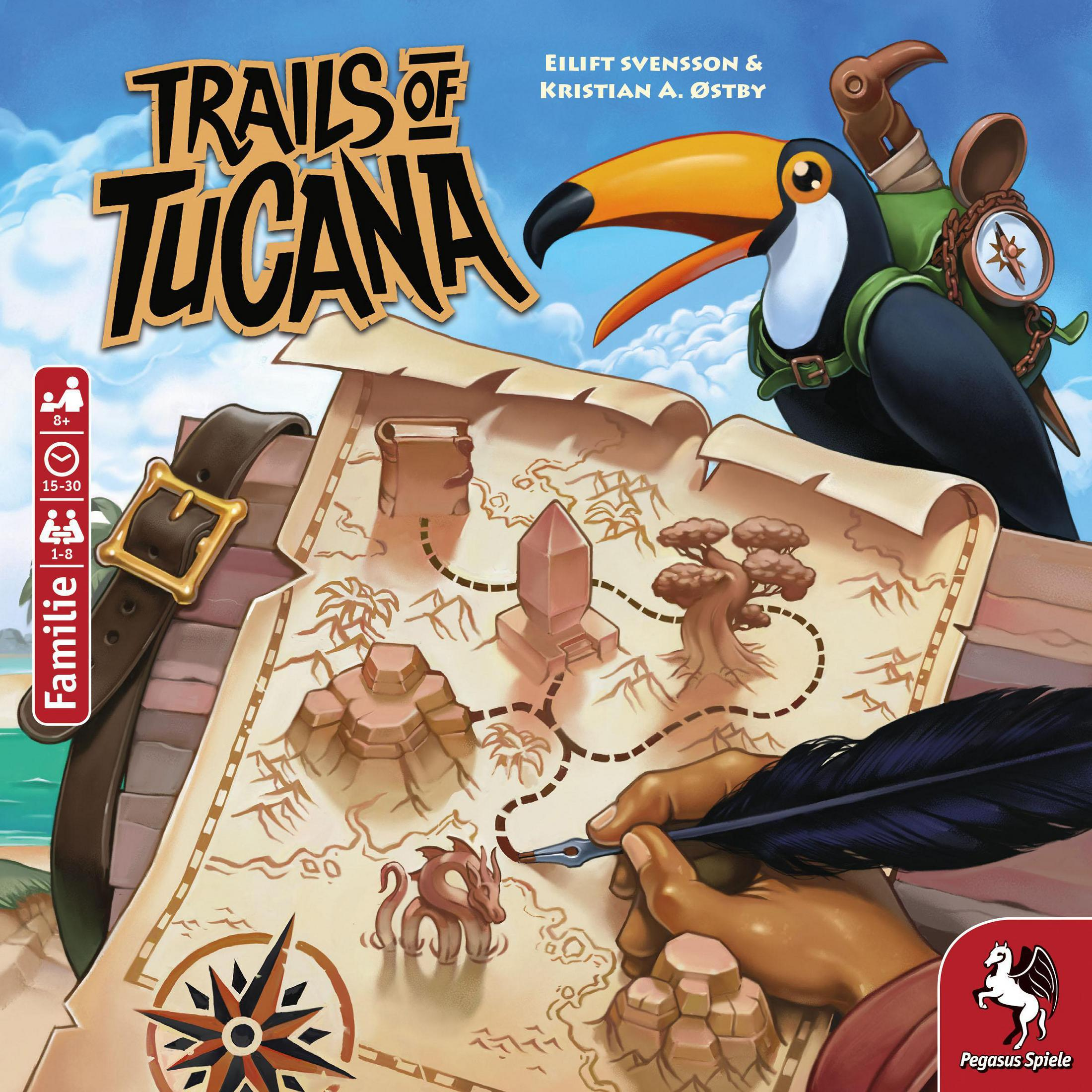 Brettspielschachtel mit Tukan und Karte. Das Spiel heißt Trails of Tucana.