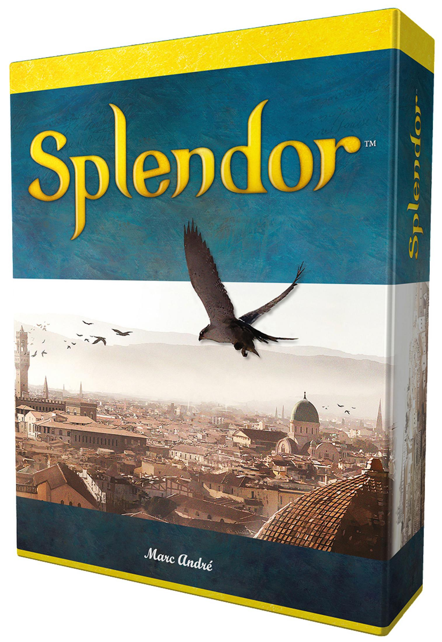 Brettspielbox mit Vogel über einer Stadt. Text: Splendor. Hintergrund: dunkelblau.