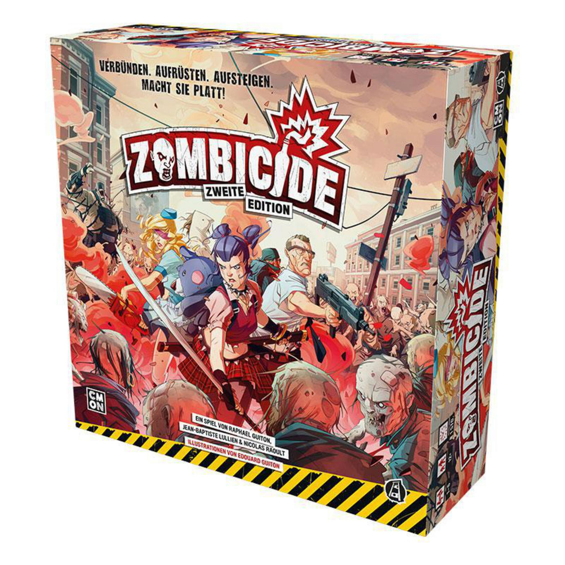 Brettspielbox mit Zombies, kämpfenden Menschen und Text in mehreren Sprachen.