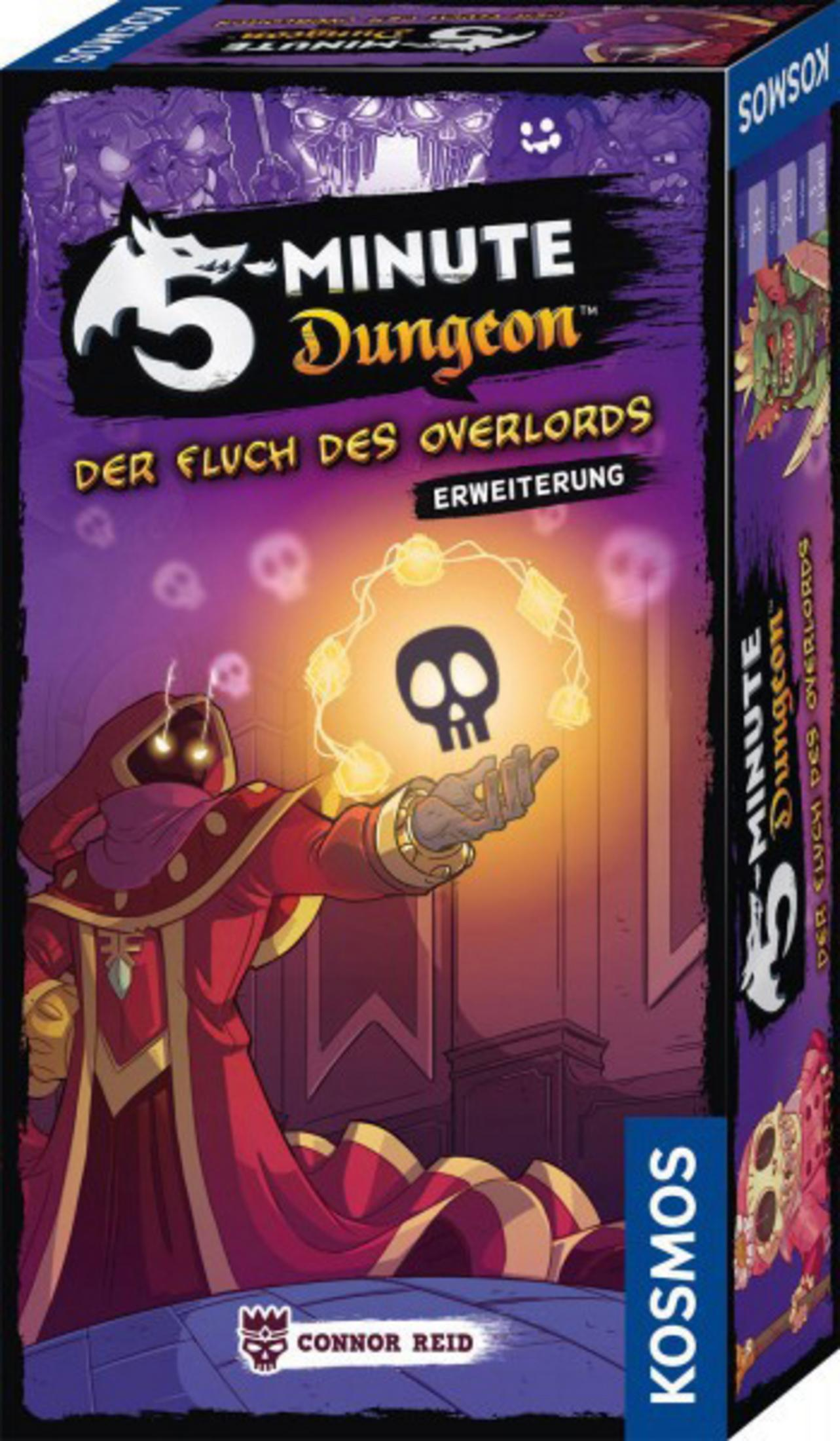 Eine Spielbox mit Zauberer, Totenkopf und dem Titel "5-Minute Dungeon" auf lila Hintergrund.