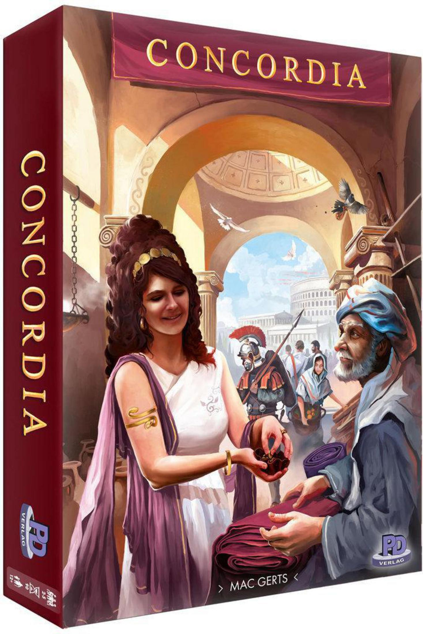Box-Art für das Concordia-Spiel. Menschen in römischer Umgebung.