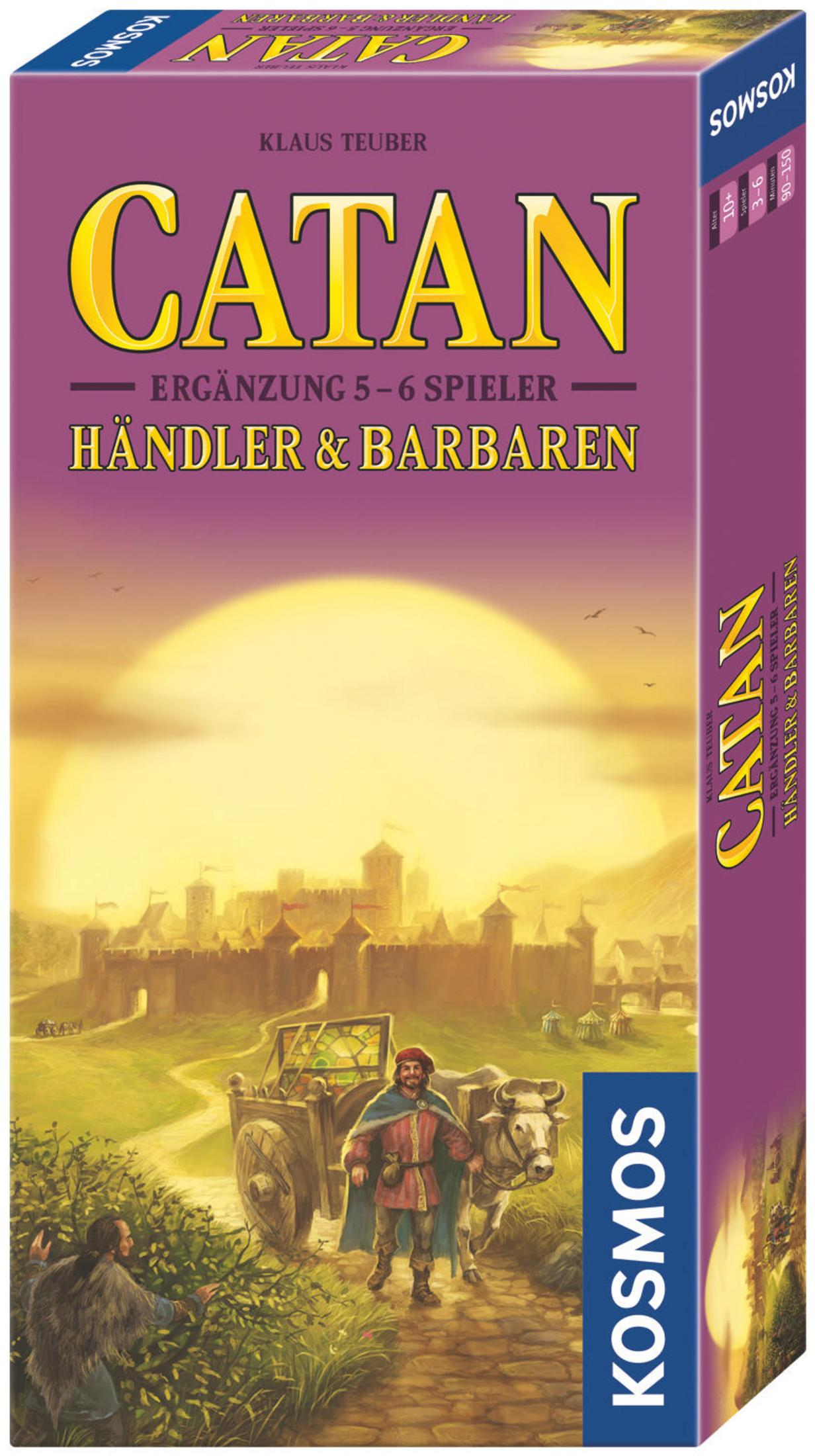 Catan-Brettspielbox mit einer mittelalterlichen Szene mit Wagen und Burg.