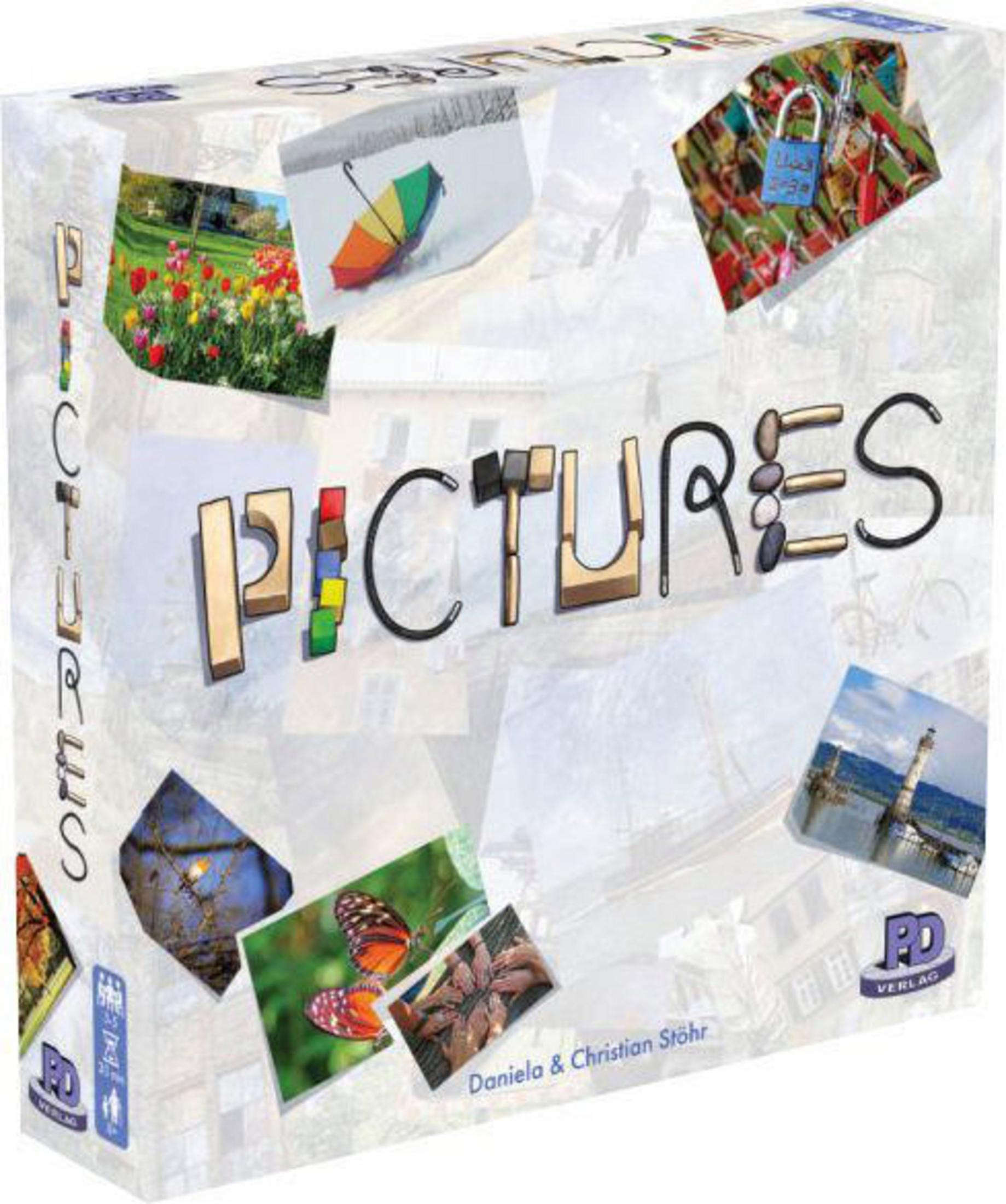 Pictures Brettspielbox. Verschiedene Fotos auf dem Cover. Farbblöcke und Holzbuchstaben.
