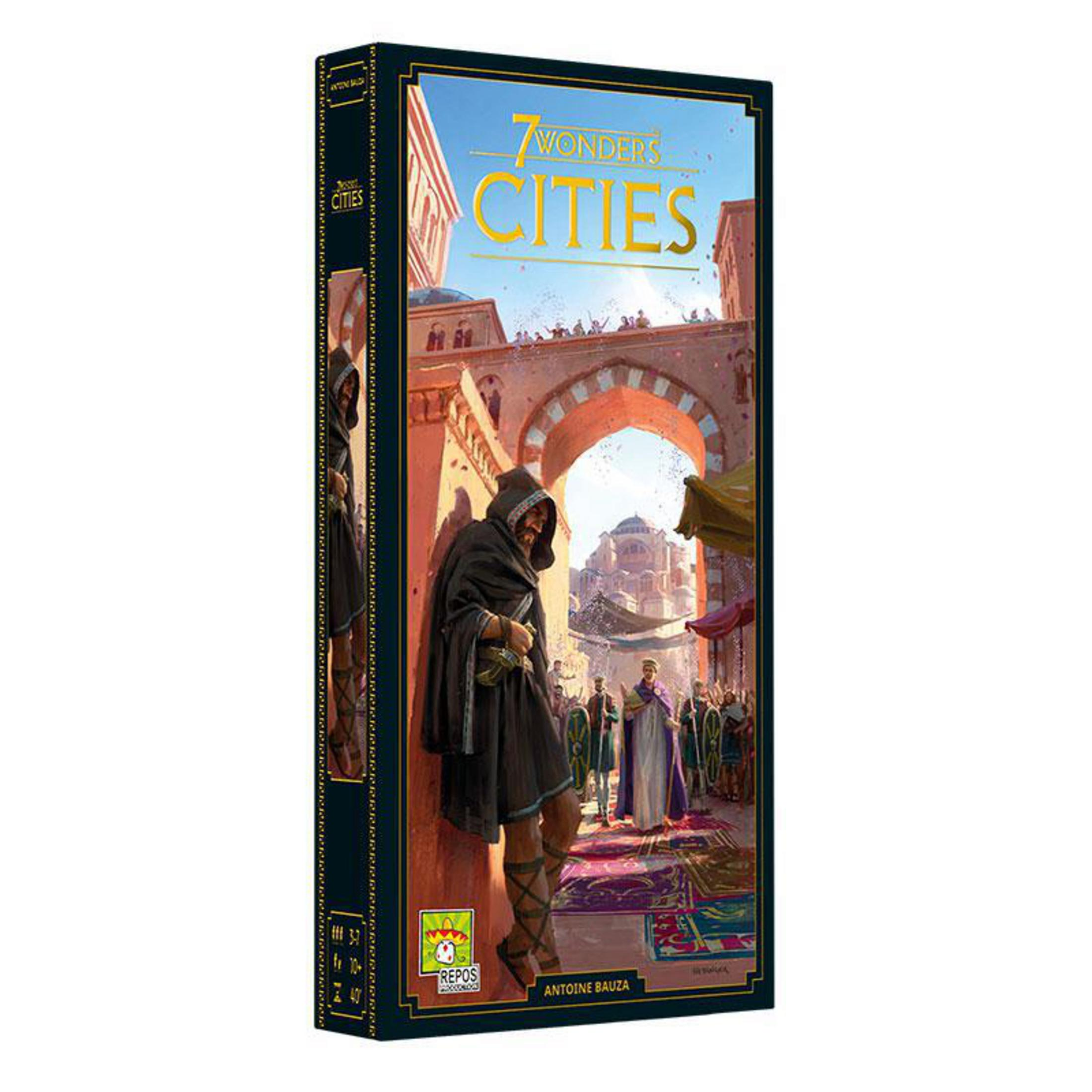7 Wonders Cities Spielbox mit einer Figur vor einem Gebäude.