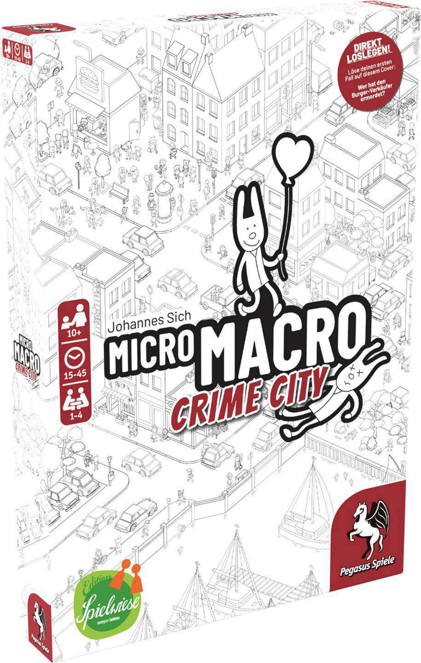 Schachtelkunst für das Spiel MicroMacro: Crime City. Enthält eine Stadtszene mit Kaninchenfiguren. Text auf Deutsch und Englisch.