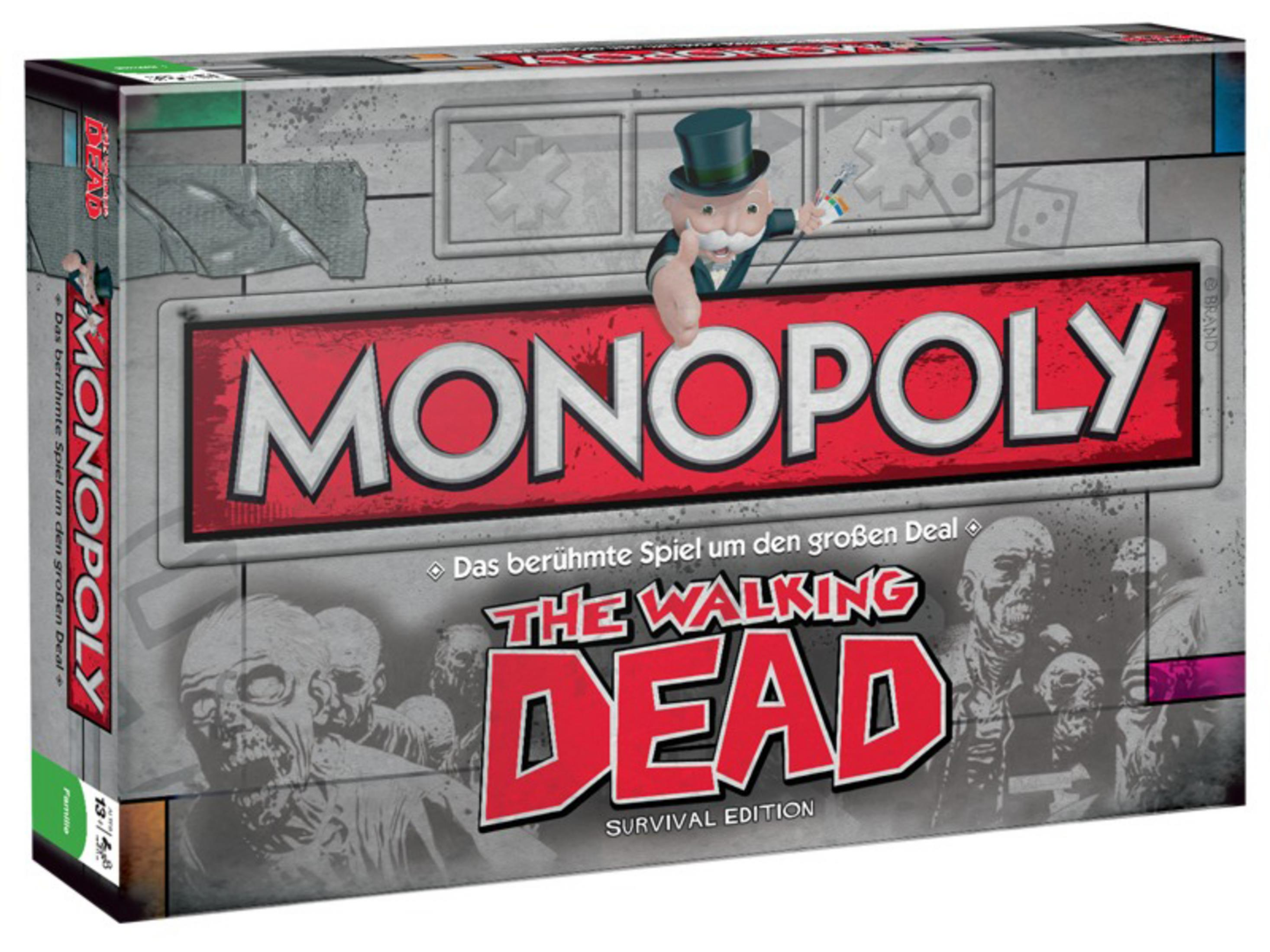 Pudełko gry planszowej Monopoly The Walking Dead z zombie i postacią Monopoly.