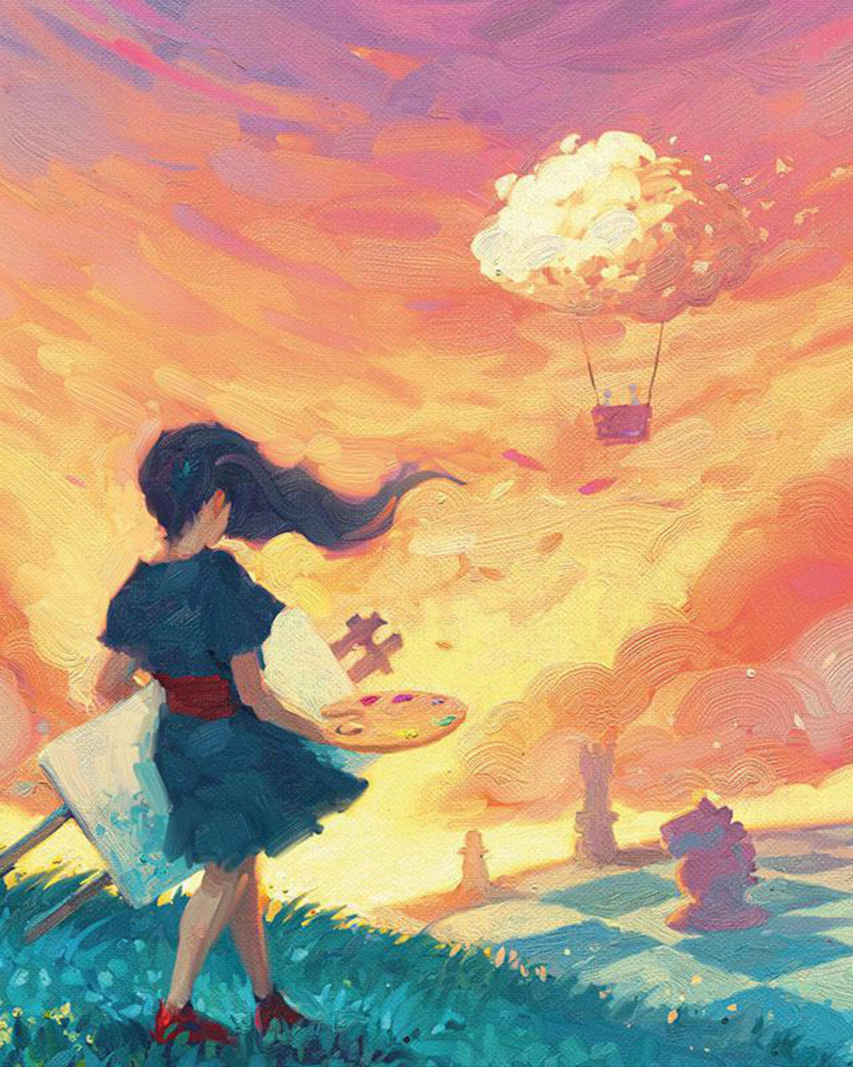 Eine Person in dunklem Kleid hält eine Palette und malt auf einer Leinwand. Ein Heißluftballon schwebt darüber.