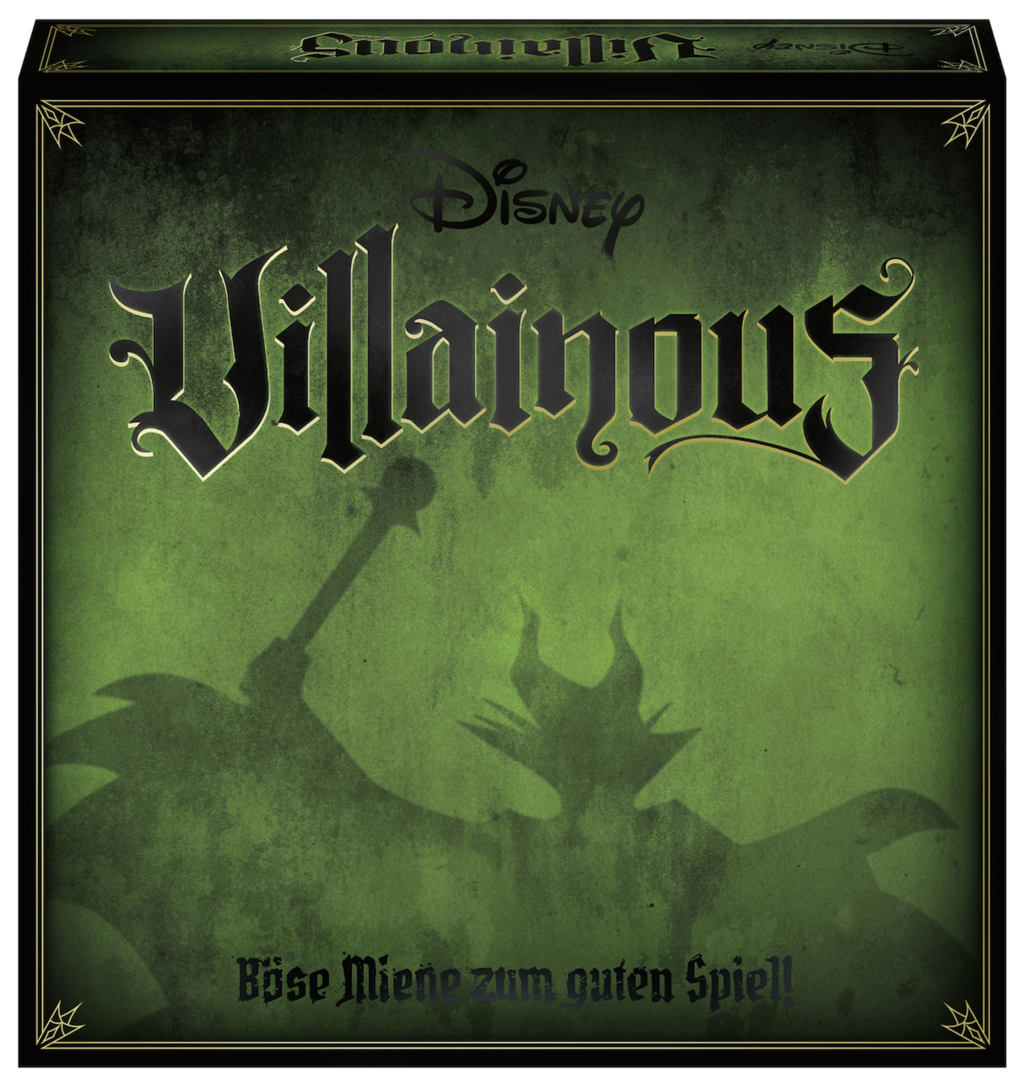 Pudełko gry planszowej Disney Villainous z zielonym tłem i sylwetkami złoczyńców.