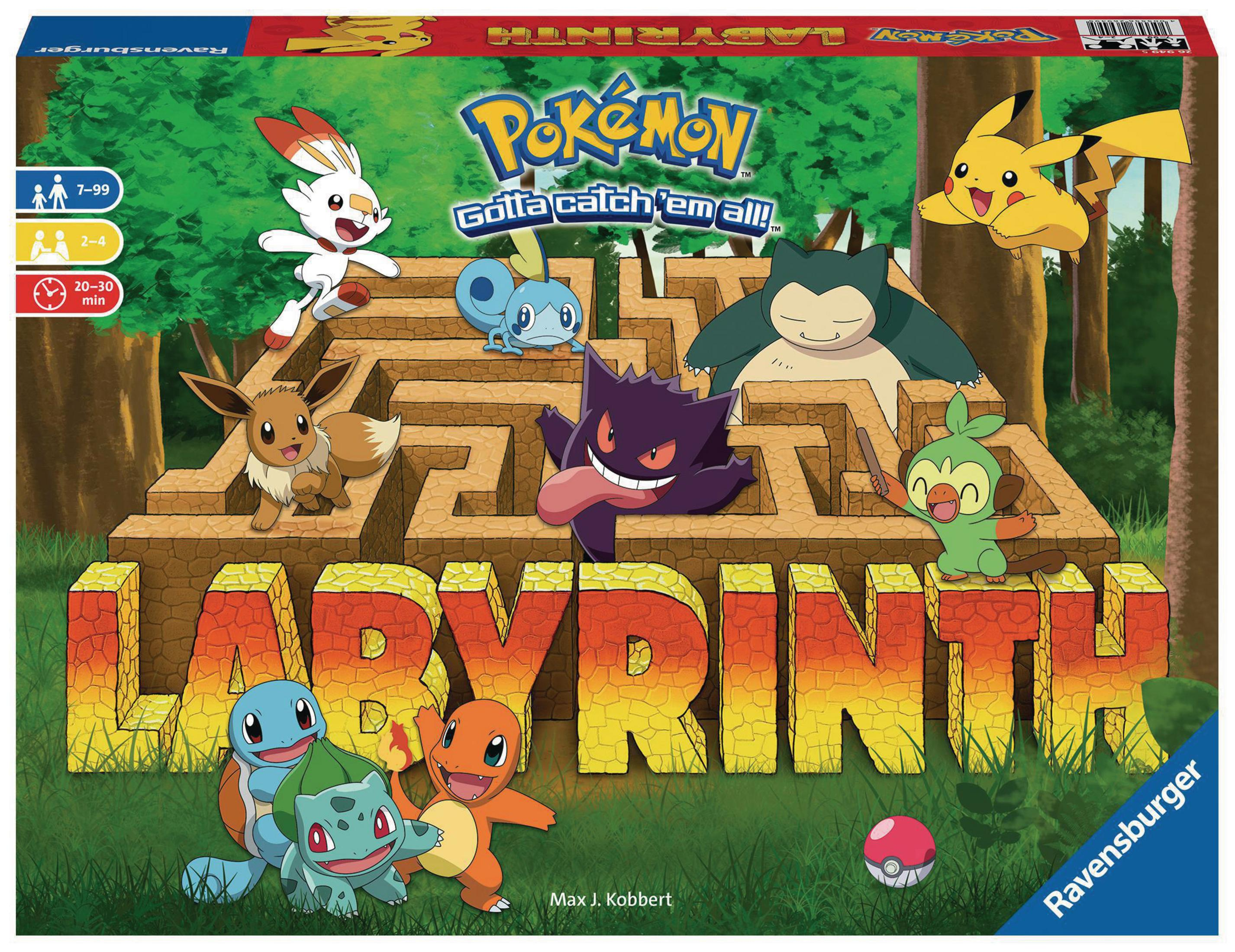 Opakowanie gry planszowej Pokemon Labyrinth, z różnymi postaciami Pokemon w labiryncie.