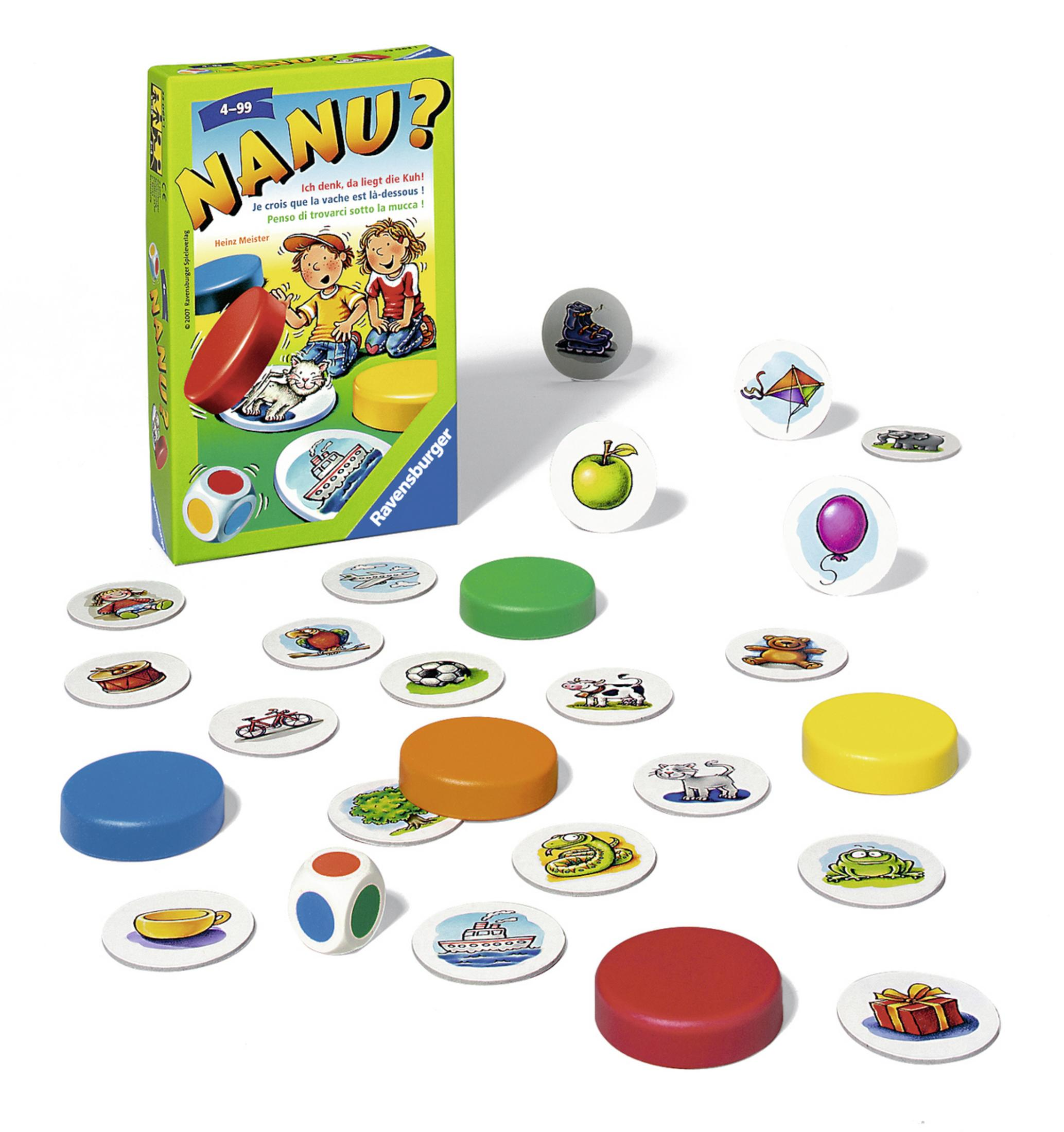 Ein Brettspiel namens 'Nanu?' mit Spielsteinen und Karten auf einer weißen Oberfläche.