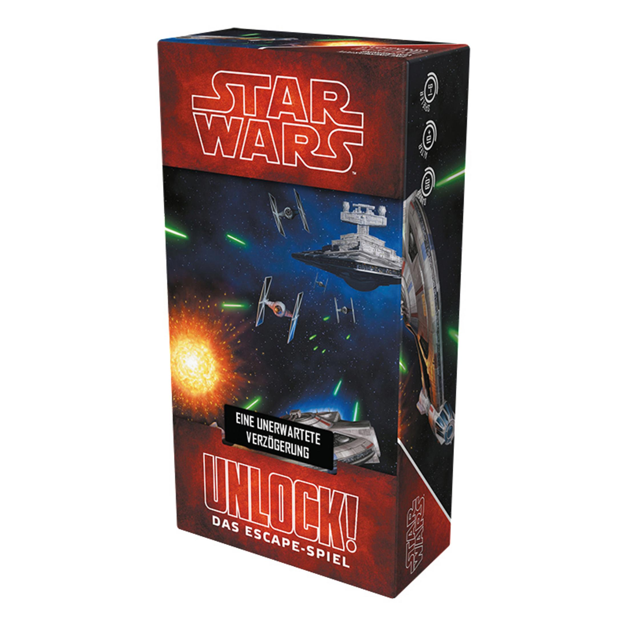 Star Wars Unlock! Spielbox mit Weltraumschlachtszene. Schiffe und ein Planet sind auf der Box zu sehen.