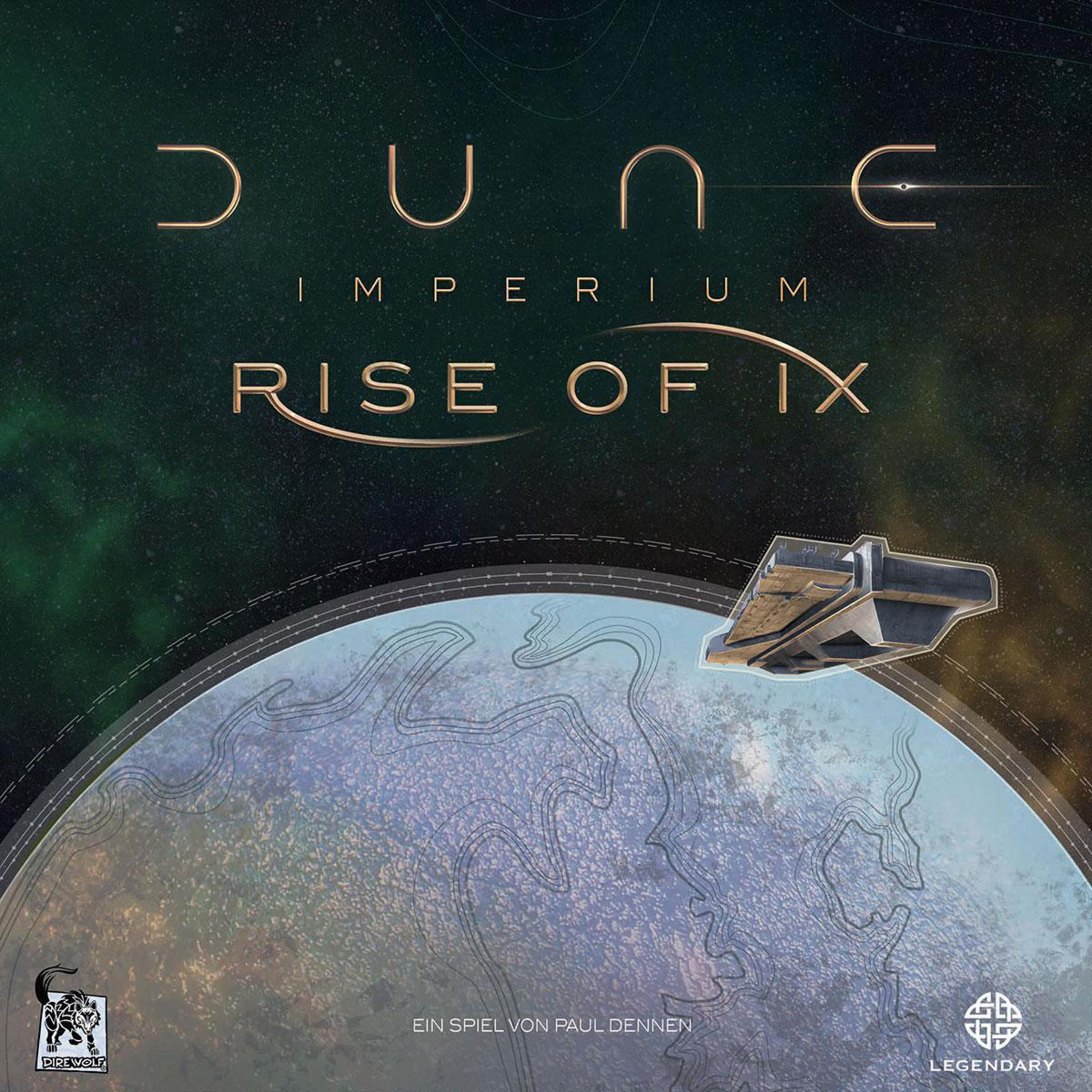 Dune: Imperium Spielbox. Ein Raumschiff fliegt über einen Planeten mit Ring.