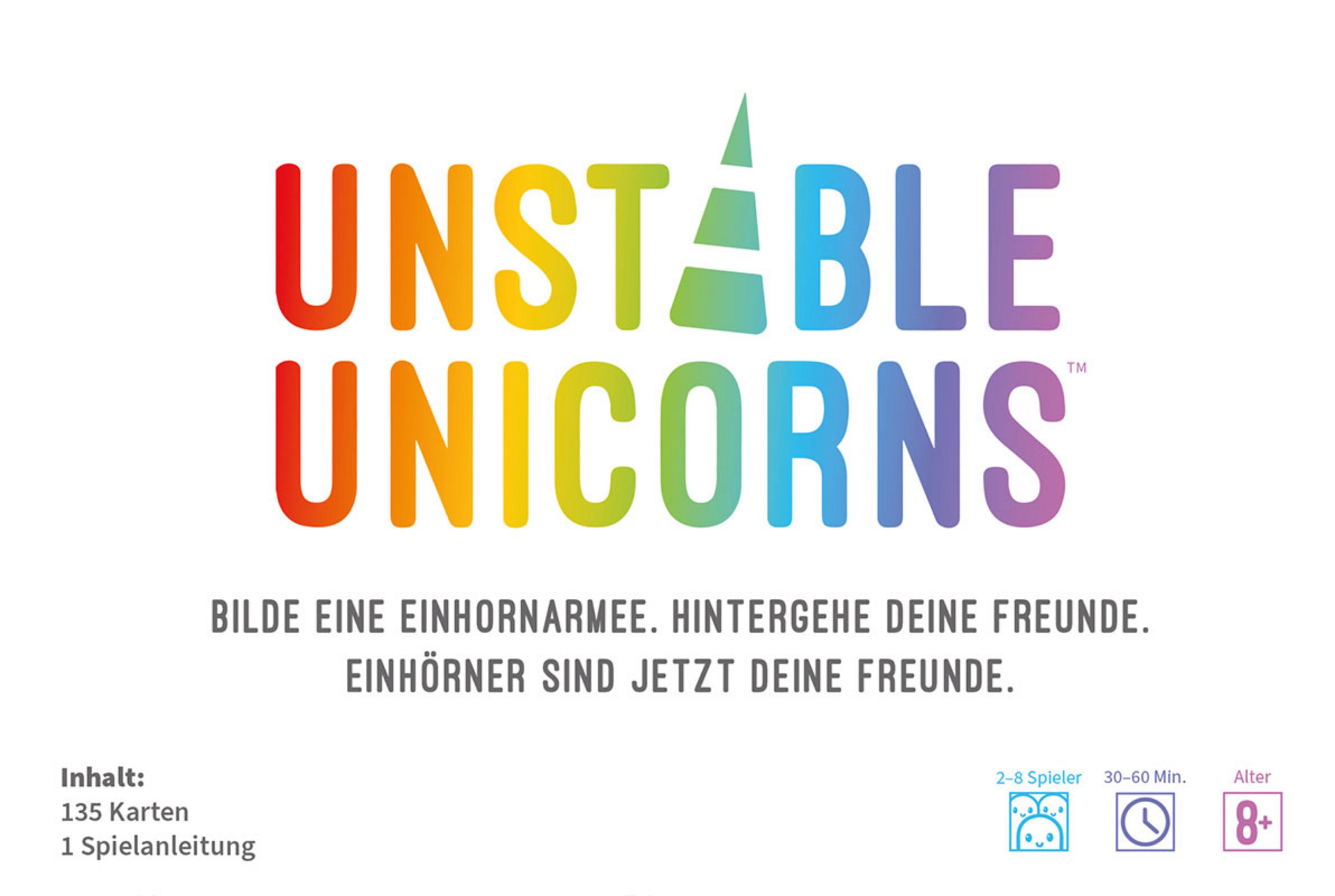 Unstable Unicorns Kartenspielbox mit buntem Logo und Text über Einhörner und Freundschaft.