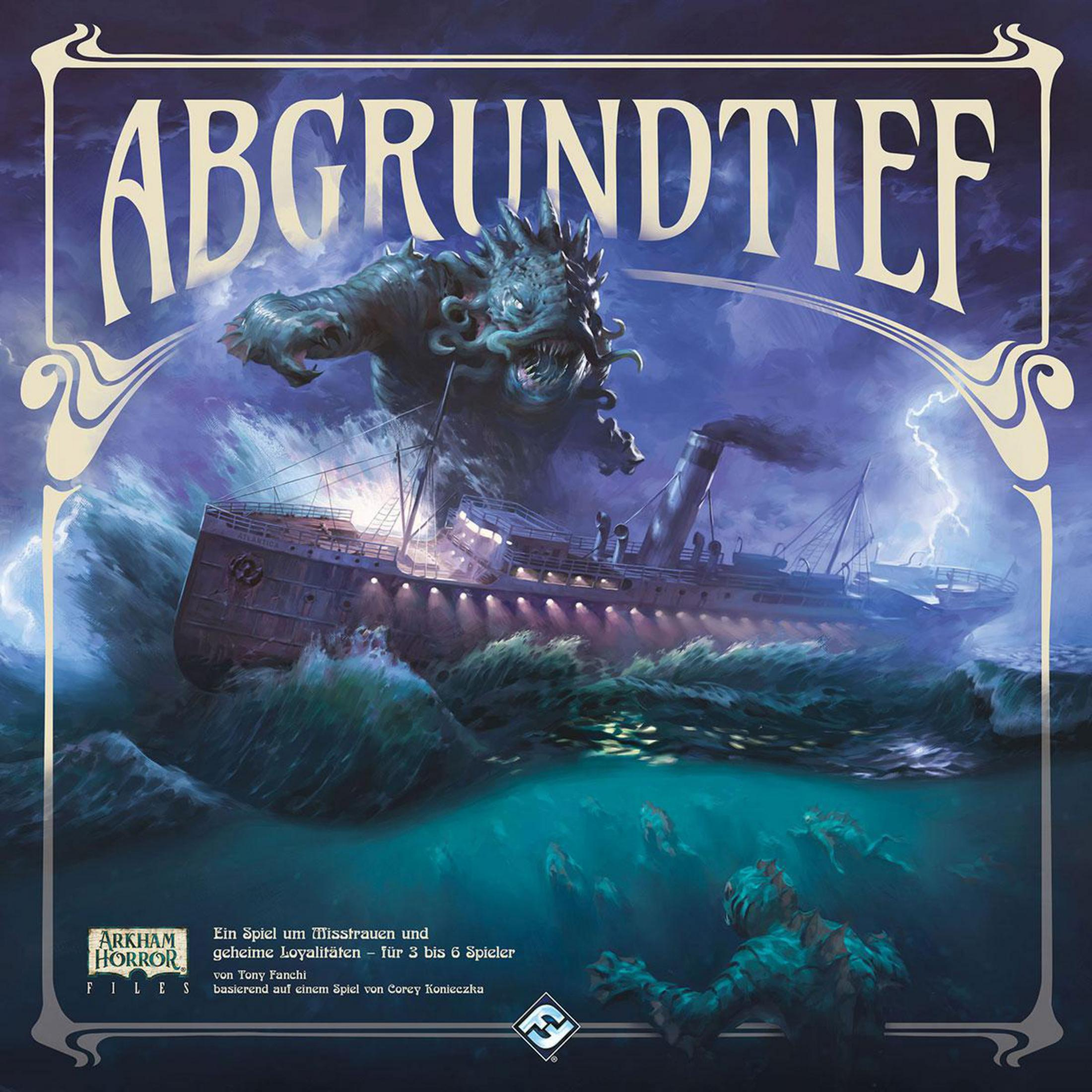 Brettspielbox von „Abgrundtief“ mit einer Illustration eines Monsters, das aus den Meereswellen aufsteigt.