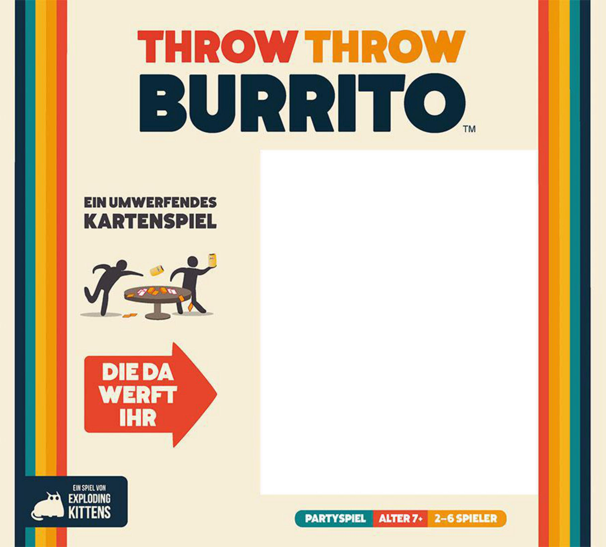 Throw Throw Burrito Box-Art. Enthält Strichmännchen, einen Tisch und einen roten Pfeil. Text auf Deutsch.