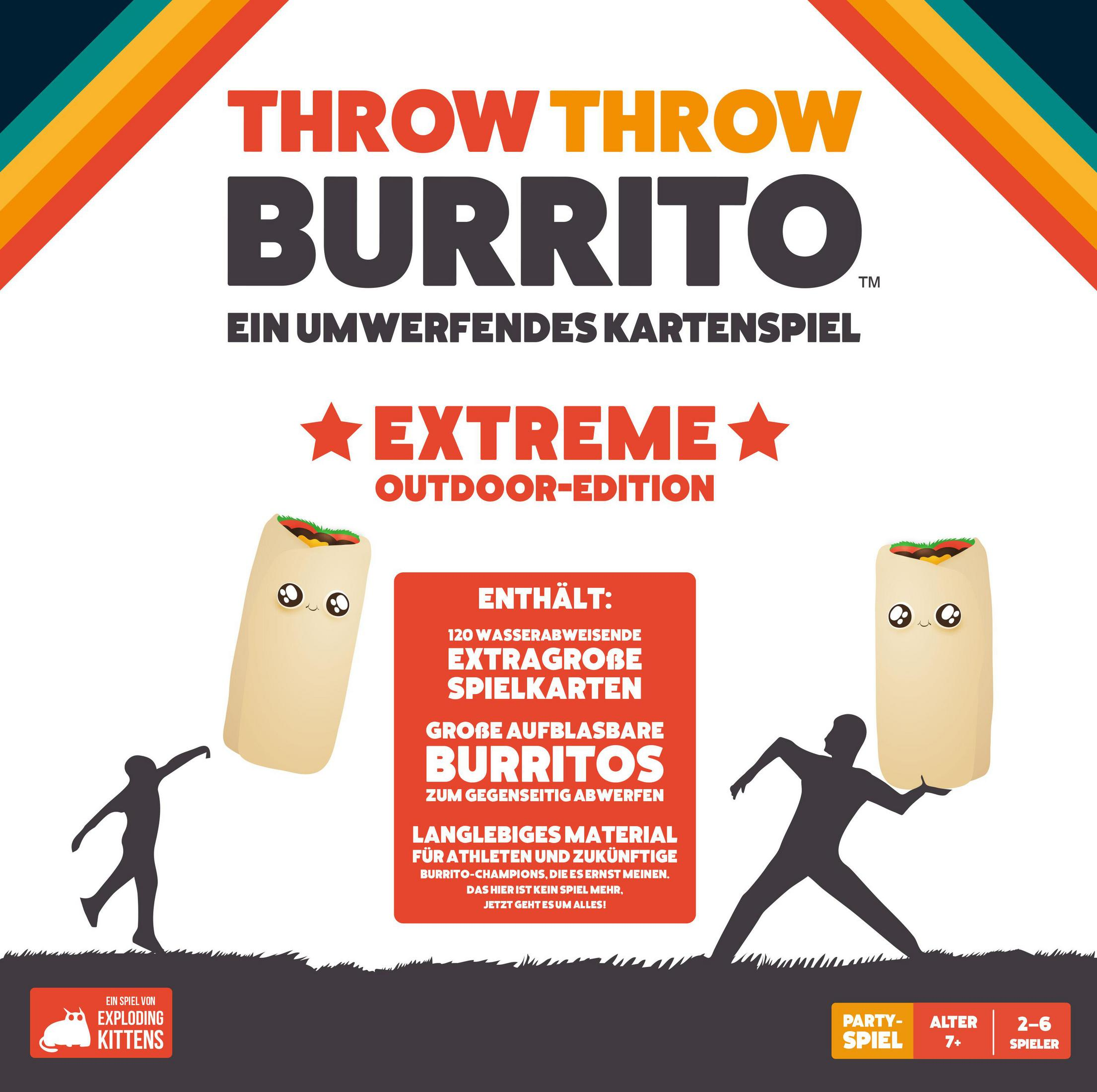 Eine Brettspielbox mit dem Titel 'Throw Throw Burrito' mit Burrito-Charakteren und Text auf schwarzem Hintergrund.