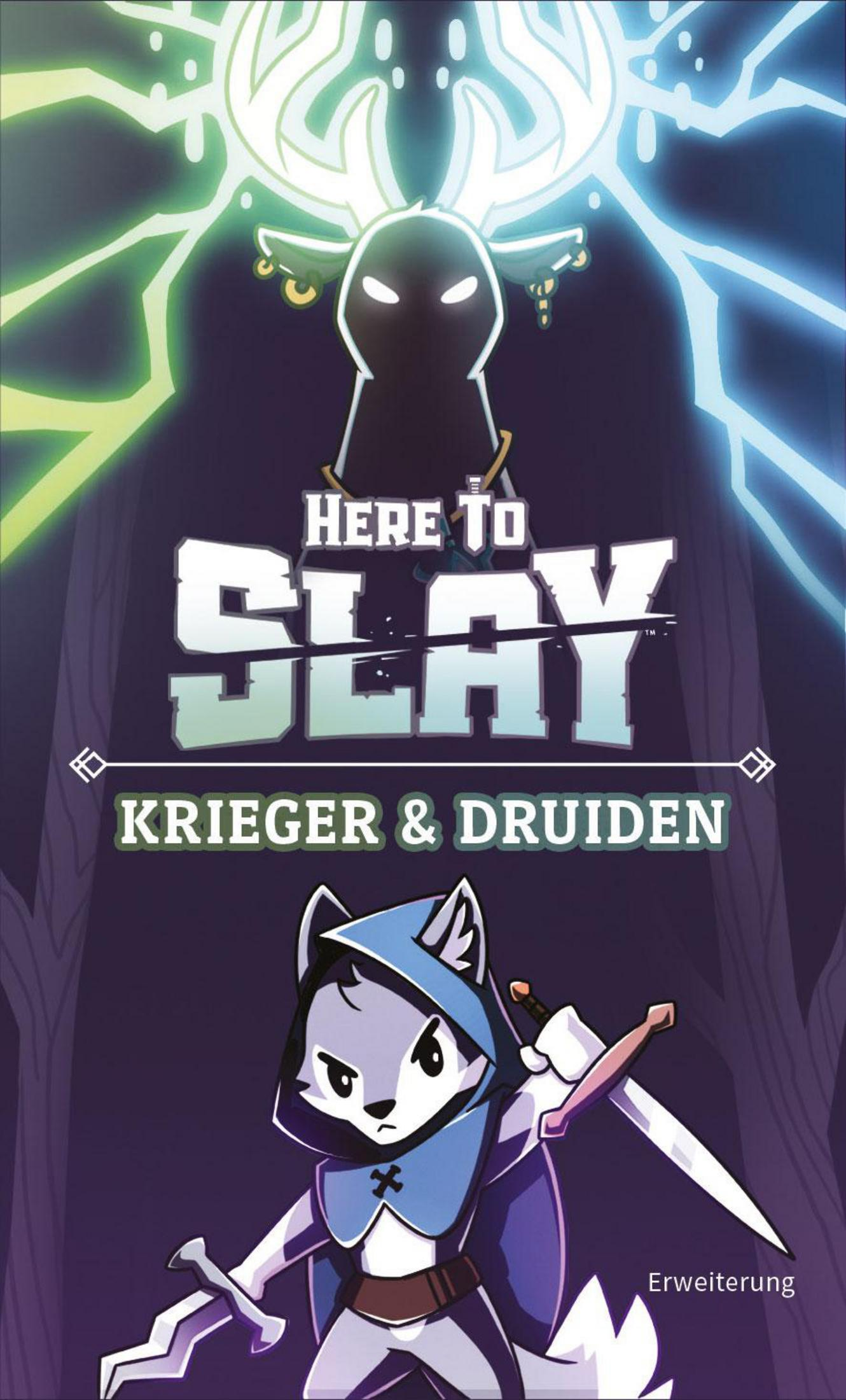 Eine Spielbox mit einem Wolfcharakter, einem Hirsch und Blitzen. Der Titel lautet Here to Slay.