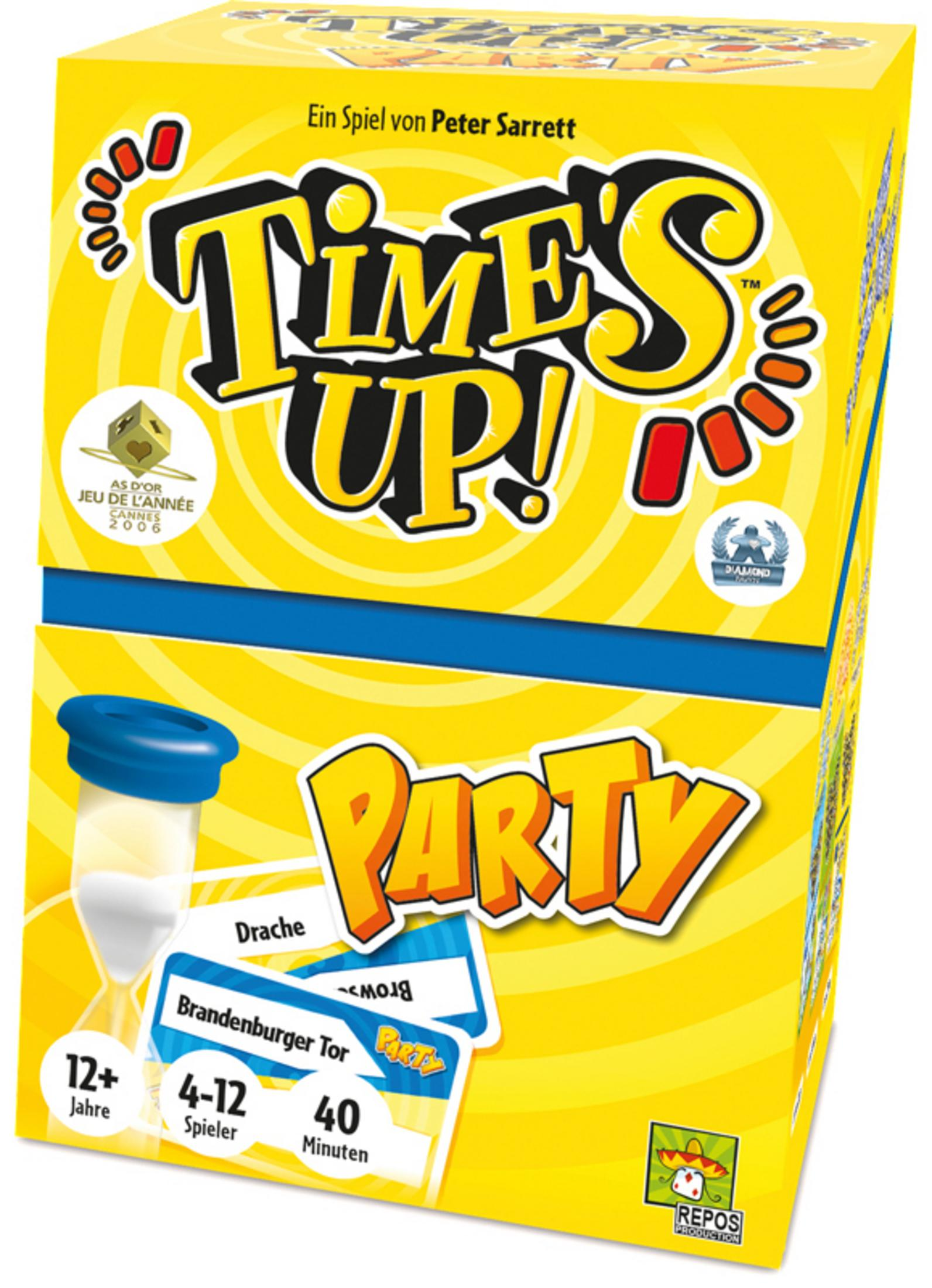 Time's Up! Party Brettspiel-Box-Art; gelber Hintergrund mit einer Sanduhr.