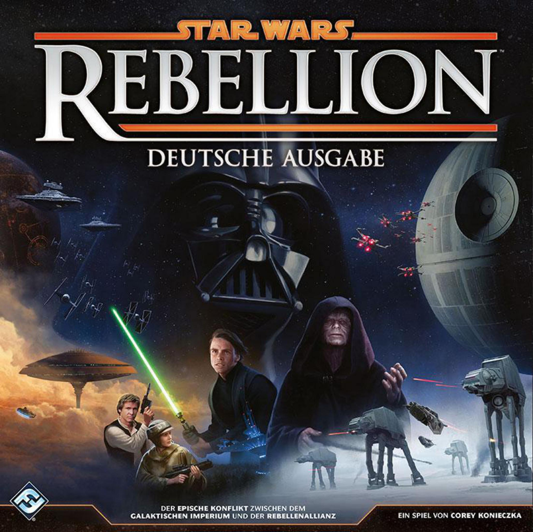 Star Wars Brettspielbox mit Darth Vader und Luke Skywalker in einer Weltraumumgebung.
