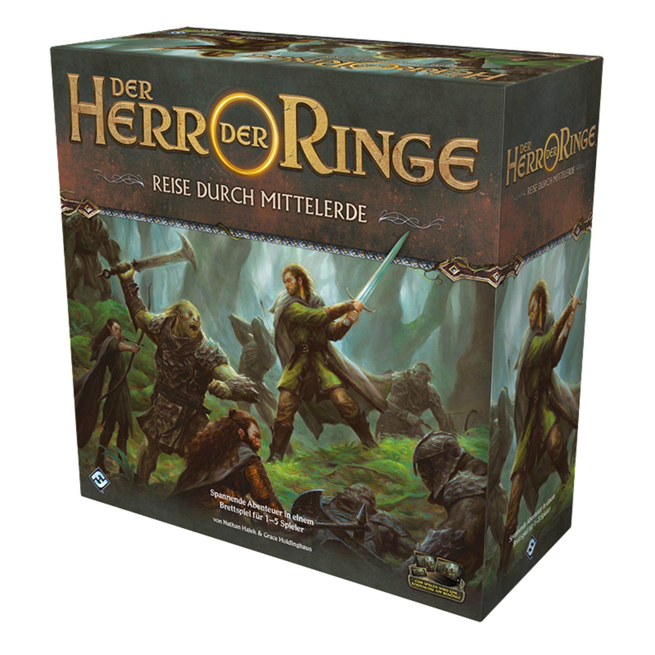 Eine Brettspielbox mit einer Waldkampfszene aus Herr der Ringe. Orks kämpfen gegen Menschen.
