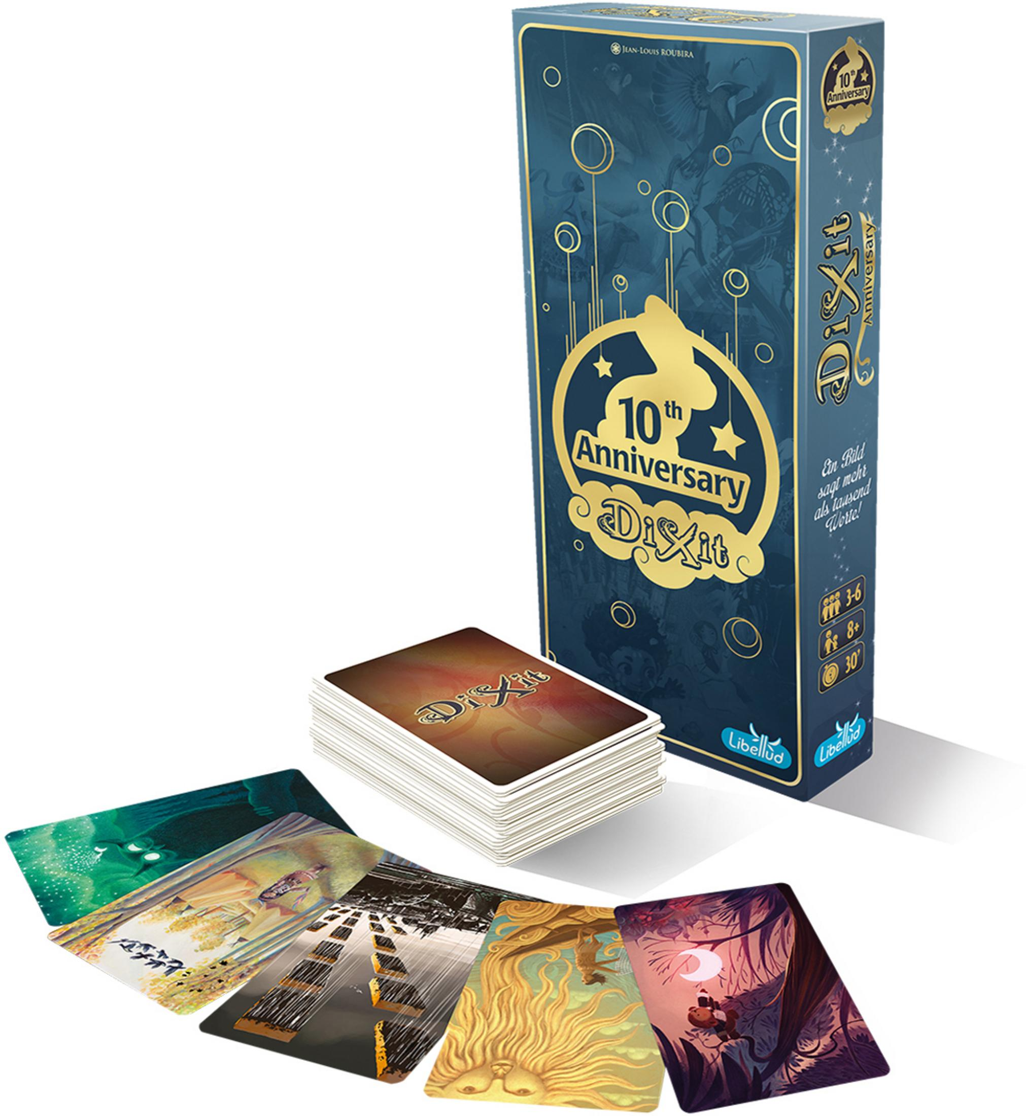 Dixit 10th Anniversary Spielbox und Karten. Zeigt verschiedene illustrierte Karten.