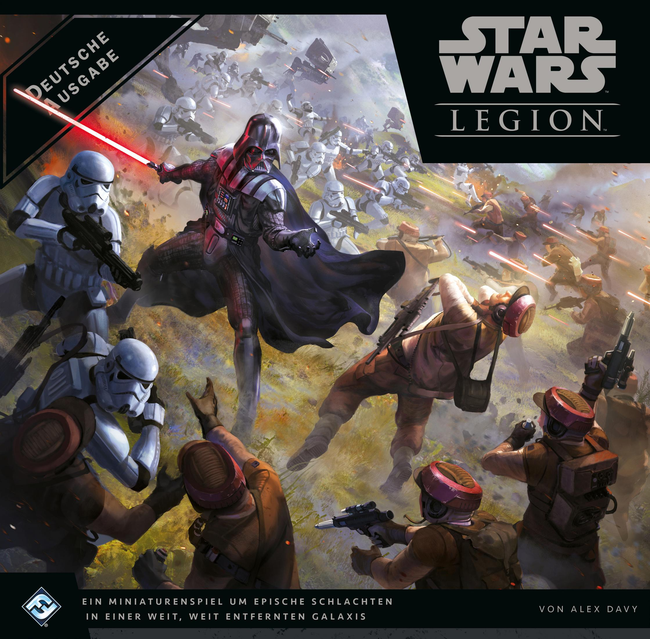 Darth Vader mit Lichtschwert führt Sturmtruppen gegen Rebellen in einem Star Wars Legion-Cover an.