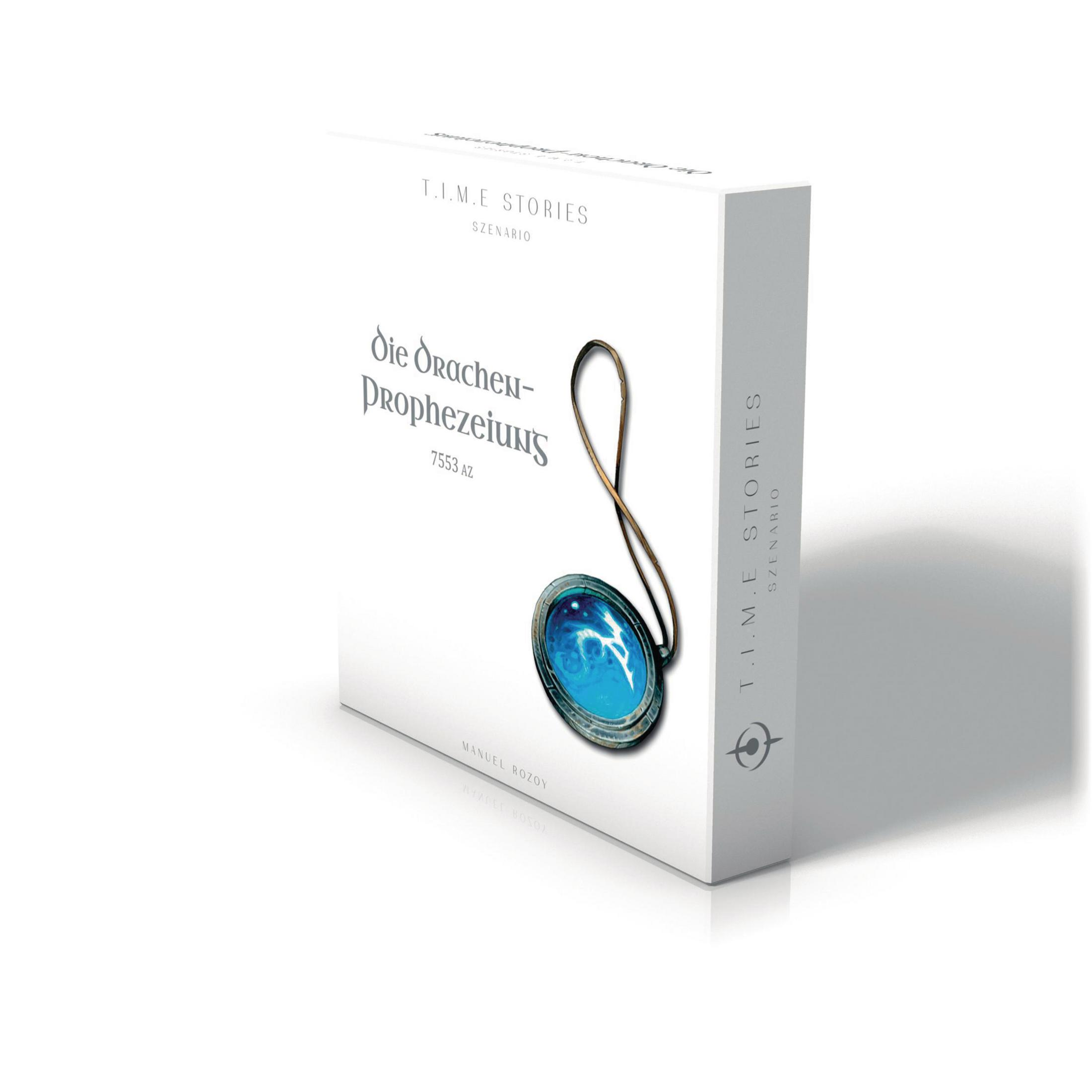 Eine weiße Box mit einem blauen Juwel darauf und dem Text 'T.I.M.E Stories'.