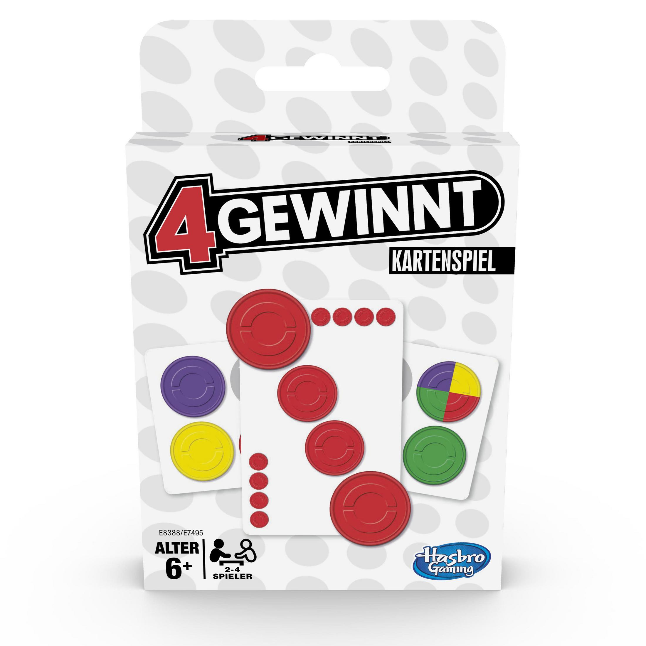 Eine Brettspielbox mit roten und farbigen Chips und Karten. Das Spiel heißt 4 Gewinnt, für 2-4 Spieler.