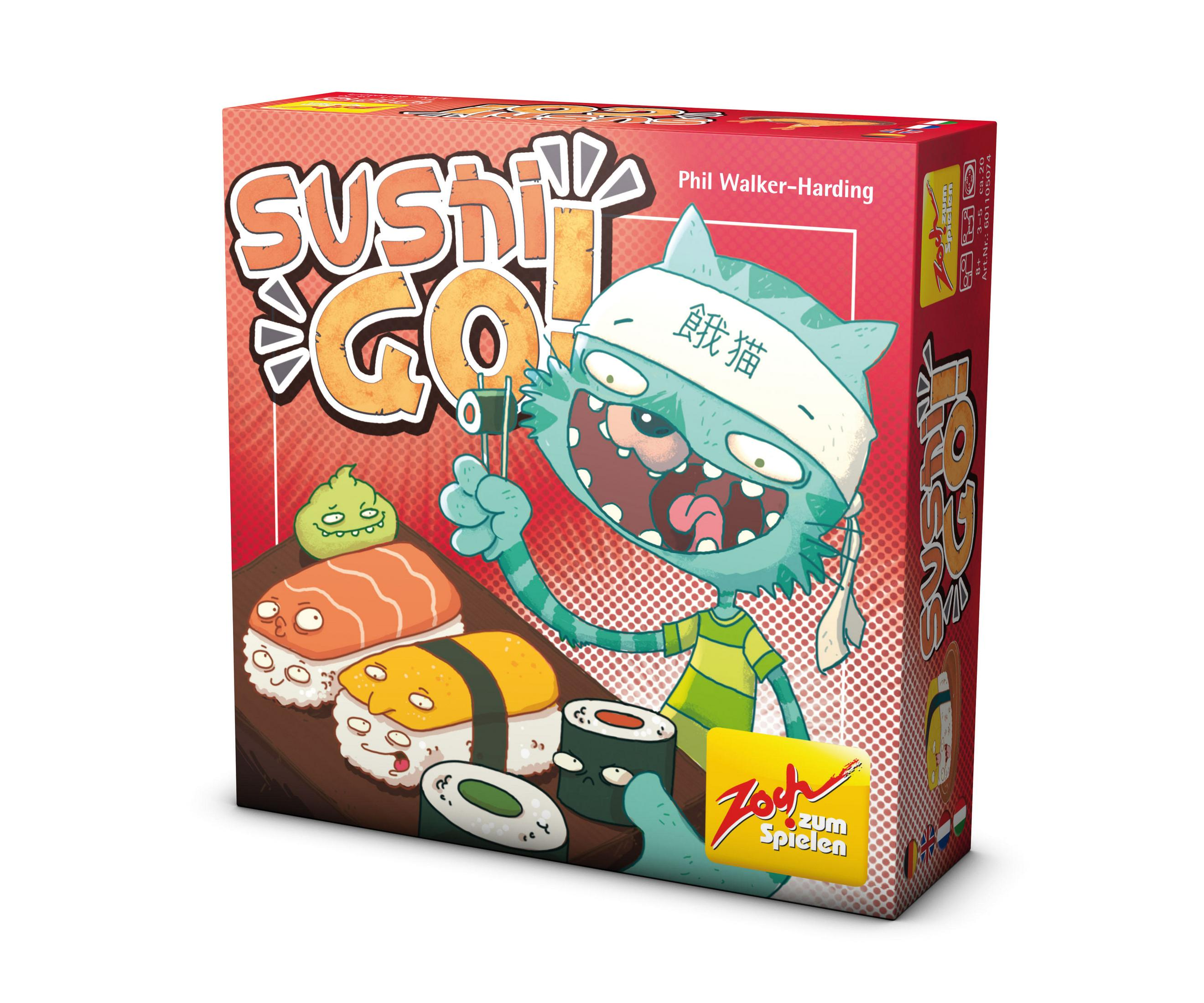 Sushi Go! Brettspielbox. Eine Zeichentrickkatze isst Sushi. Der Hintergrund ist ein rotes und oranges Muster.