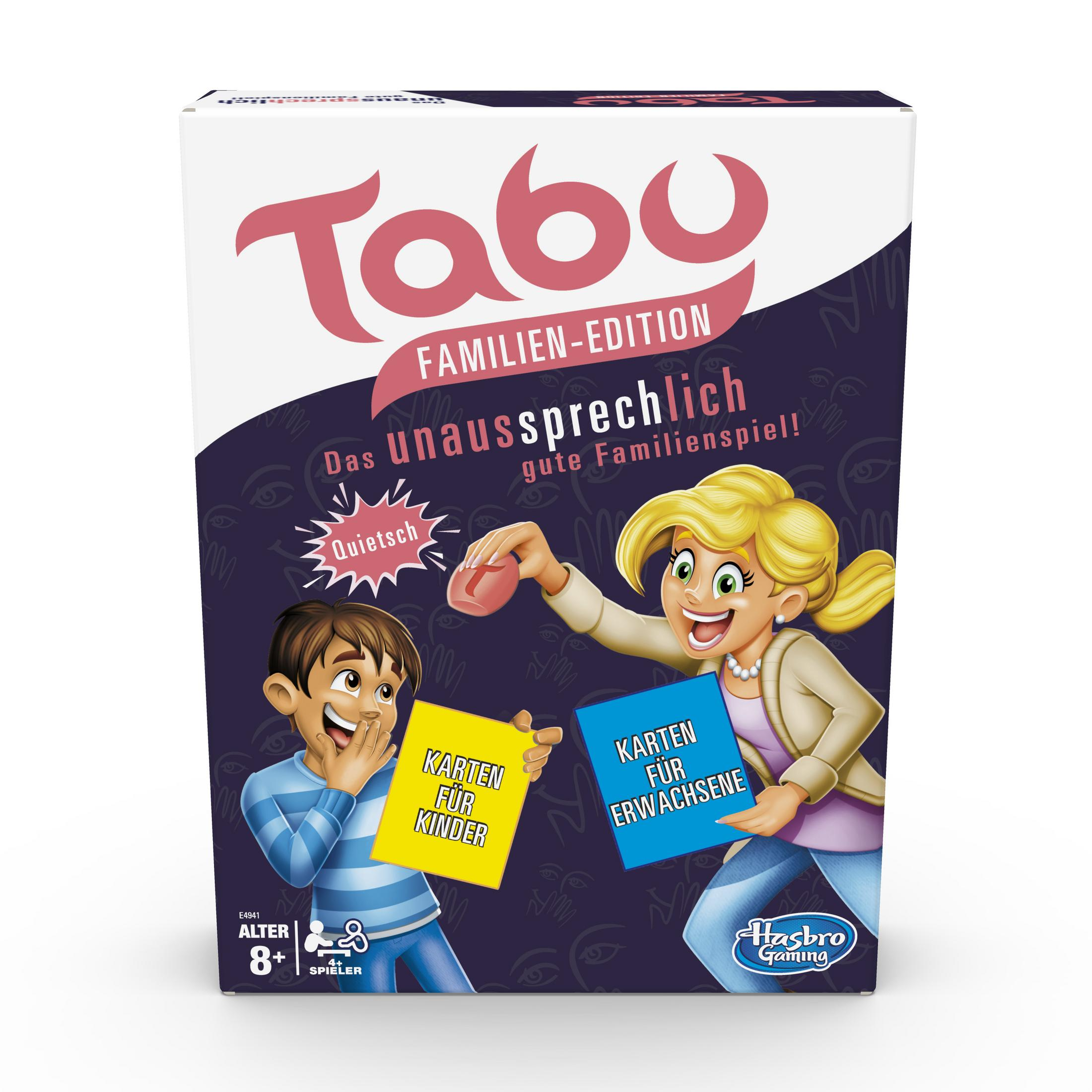 Die Tabu-Brettspielbox zeigt zwei Kinder und eine Frau, mit Karten 'Für Kinder' und 'Für Erwachsene'.