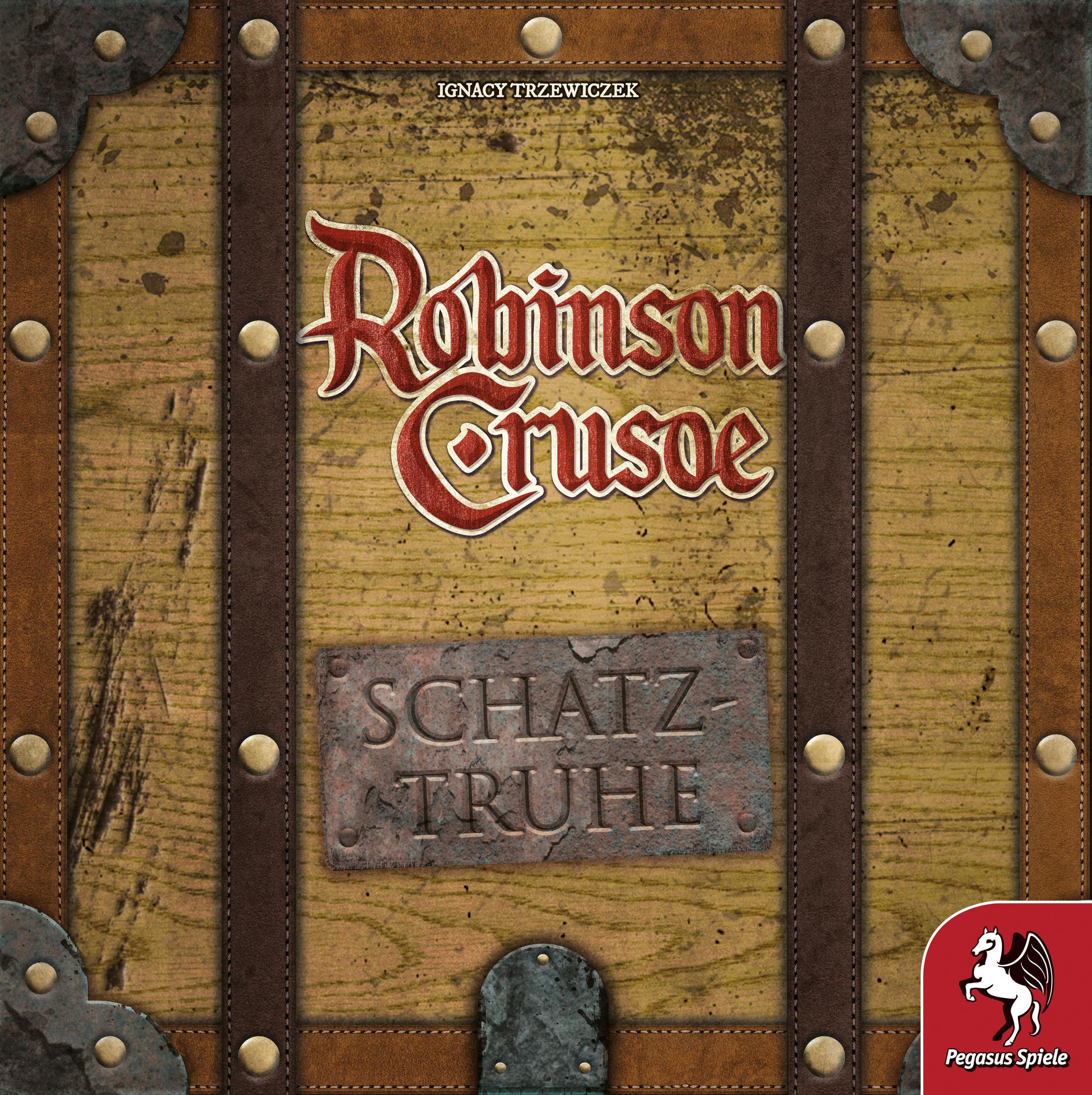 Robinson Crusoe: Schatz-Truhe Spielbox zeigt eine Holzkiste mit Lederriemen und einer Metallplatte.