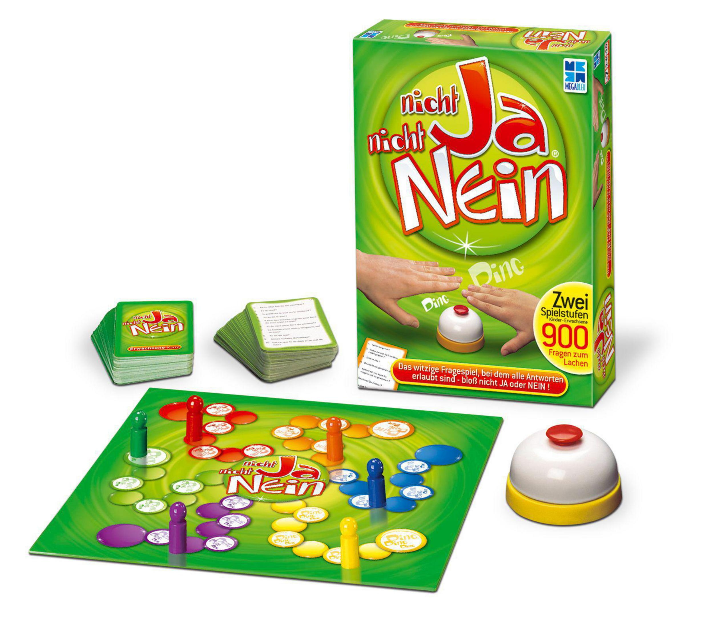 Ein Brettspiel mit grünem Brett, Karten, Spielsteinen und einer Glocke. Box sichtbar.
