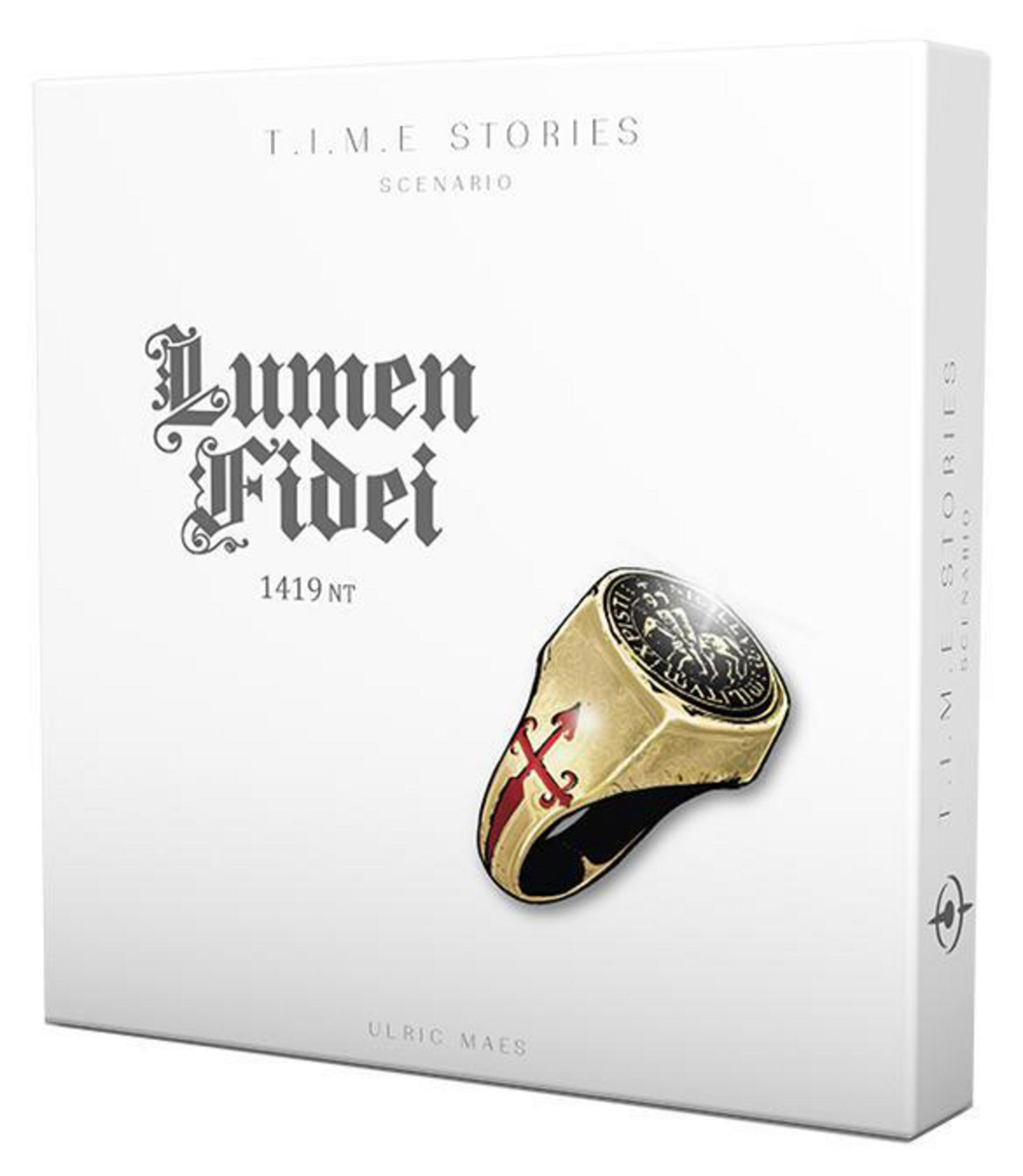 Eine weiße Spielbox mit Text und einer Ring-Illustration. Auf dem Ring befindet sich ein Kreuzsymbol.