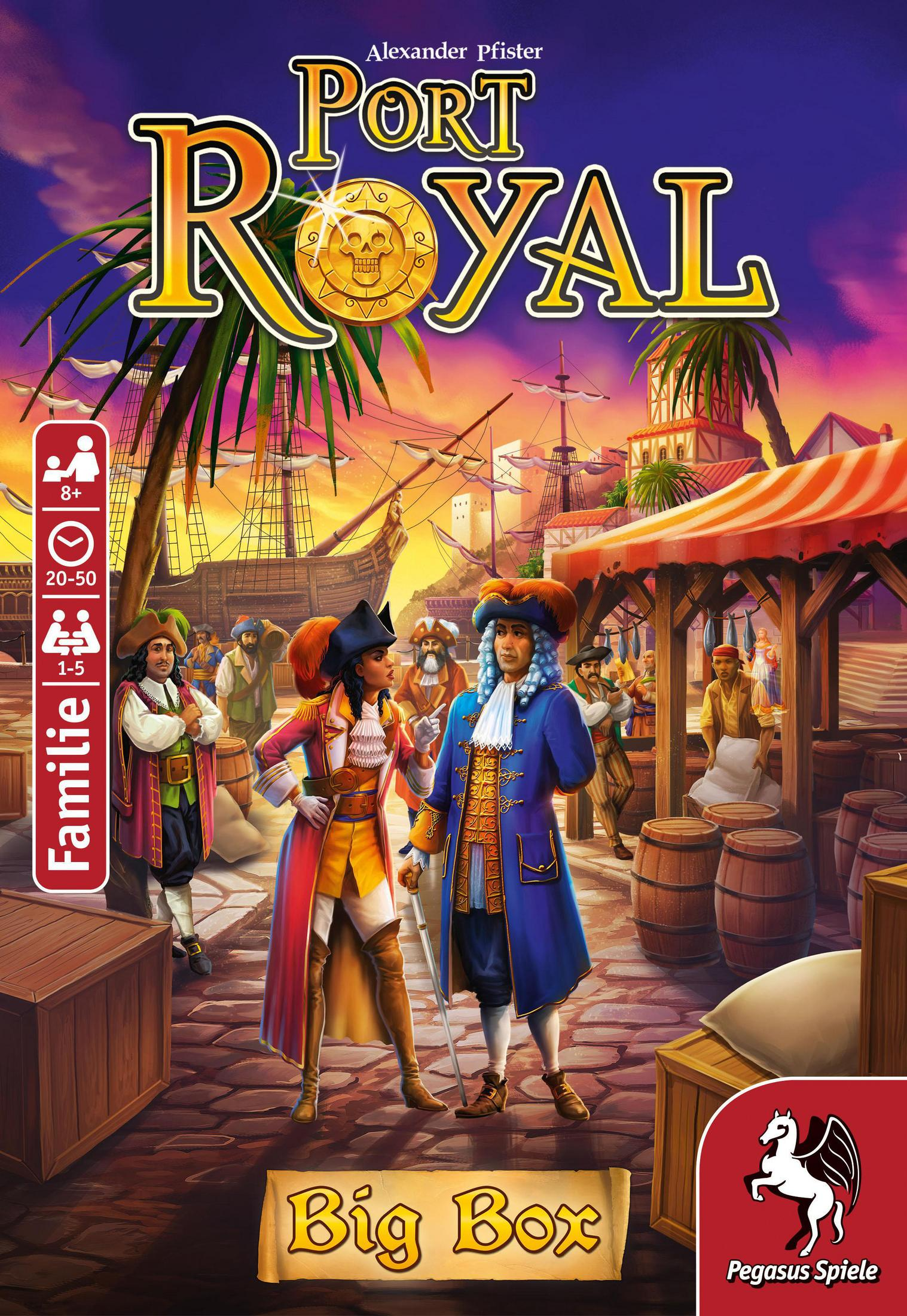Brettspiel-Cover. Piraten in einem Hafen. Titel: Port Royal, Big Box.