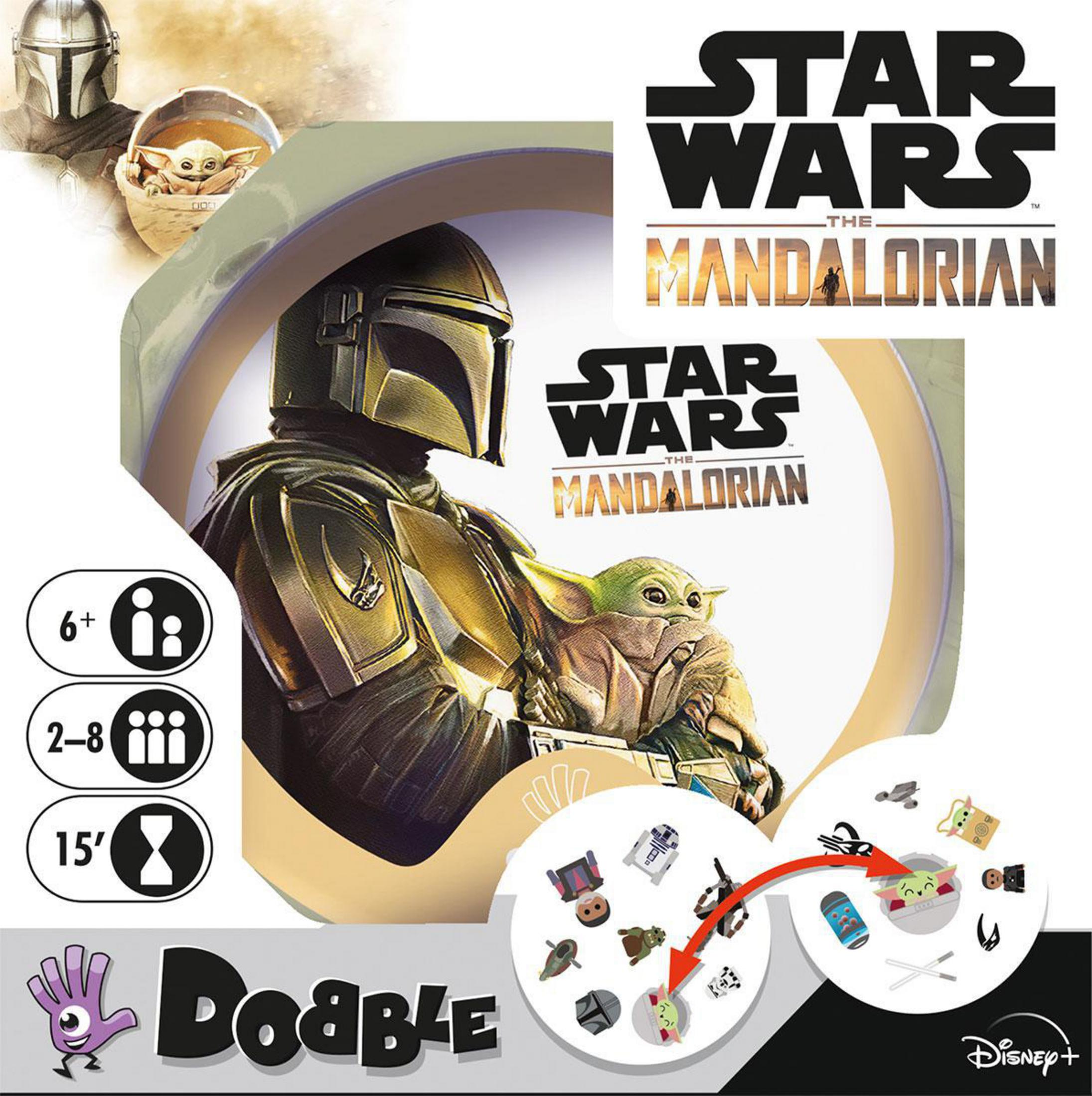 Dooble Star Wars Spiel-Box-Art. Mandalorianer und Grogu-Charaktere.